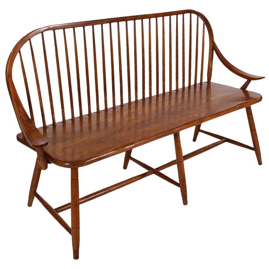 Midcentury Transitional Modern Spindle Back Bentwood Settee Bench in Walnut