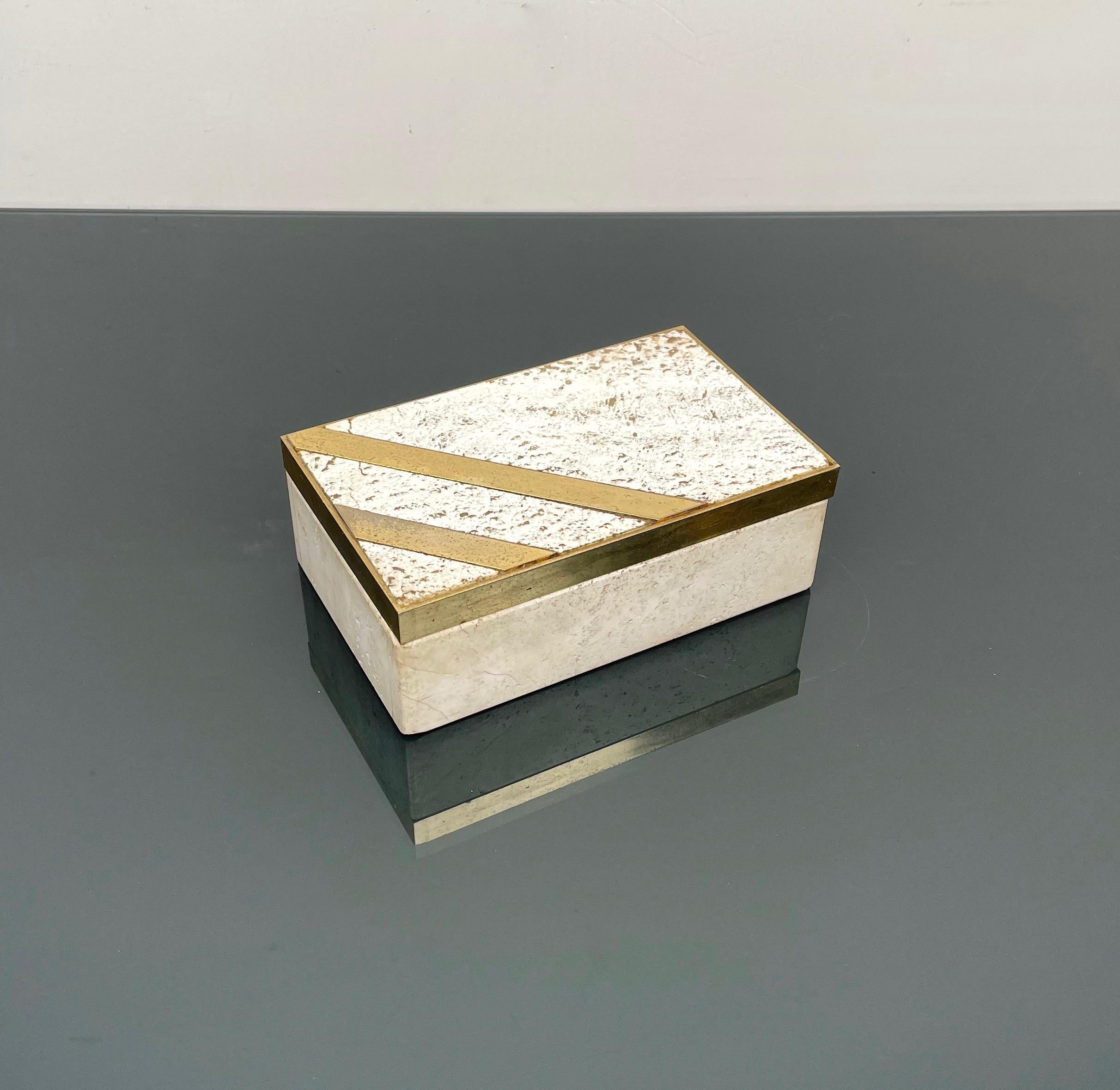 Midcentury Travertine and Brass Rectangular Box, Italy, 1970s For Sale 4