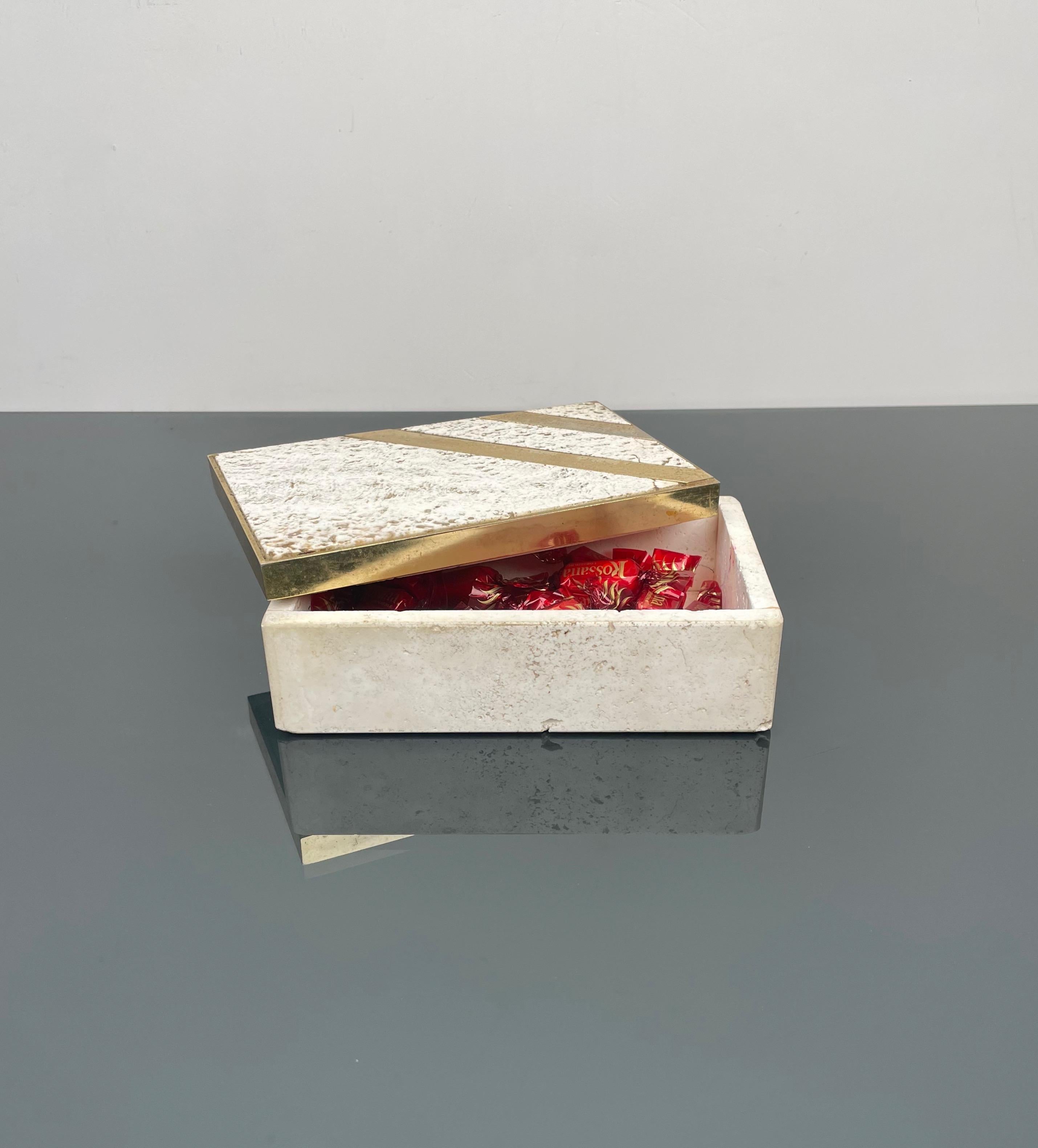 Late 20th Century Midcentury Travertine and Brass Rectangular Box, Italy, 1970s For Sale