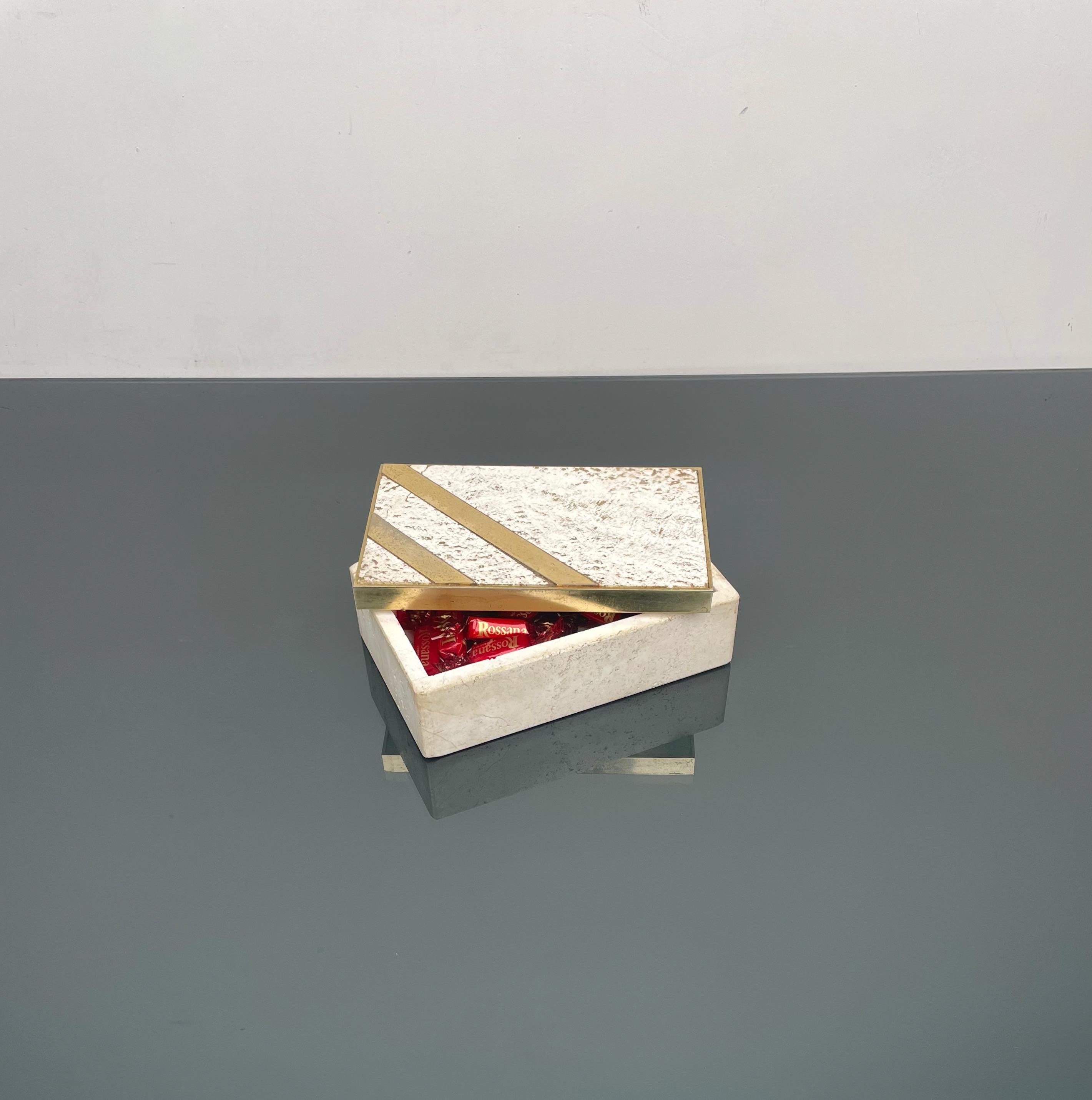 Midcentury Travertine and Brass Rectangular Box, Italy, 1970s For Sale 1