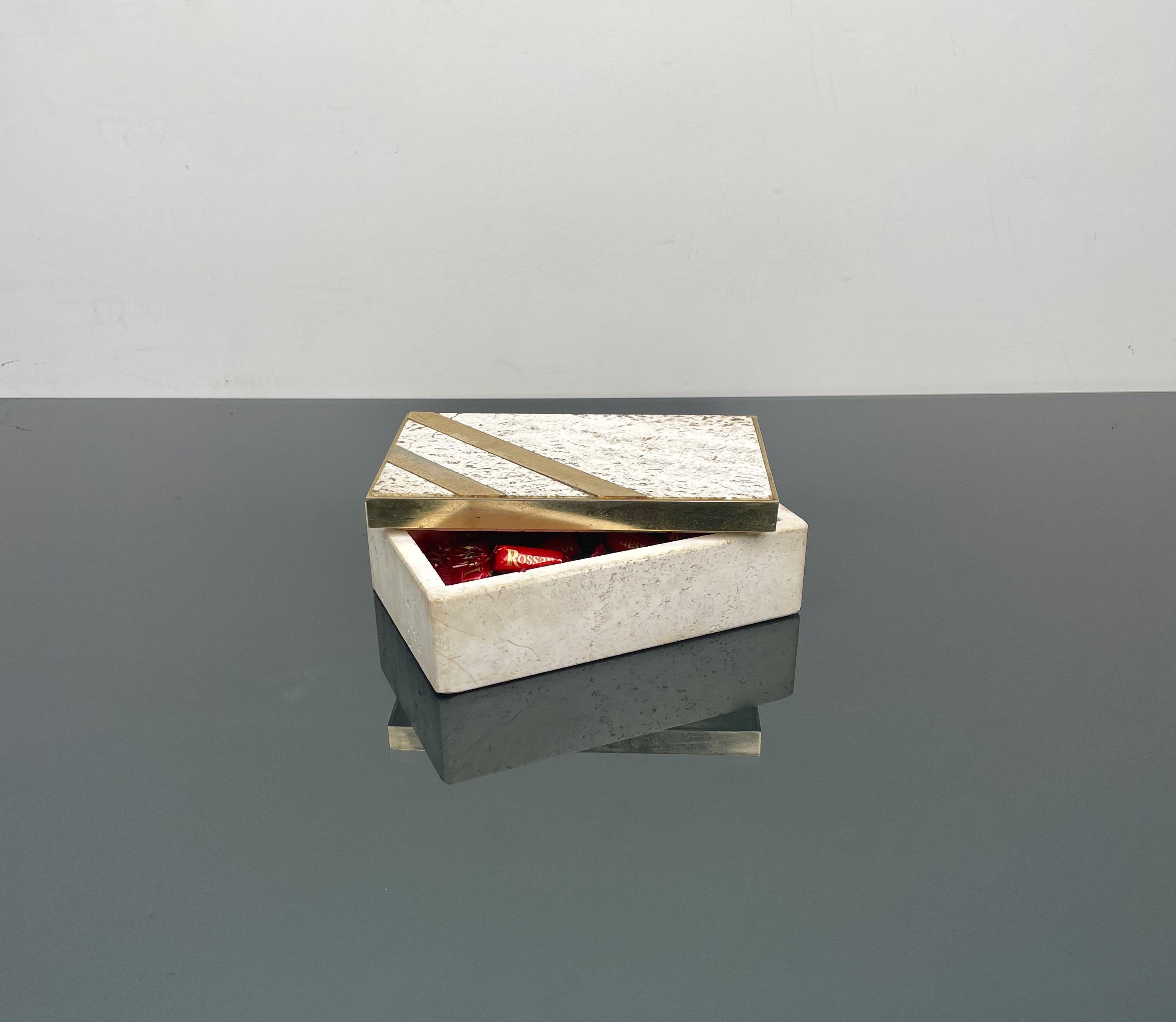 Midcentury Travertine and Brass Rectangular Box, Italy, 1970s For Sale 2