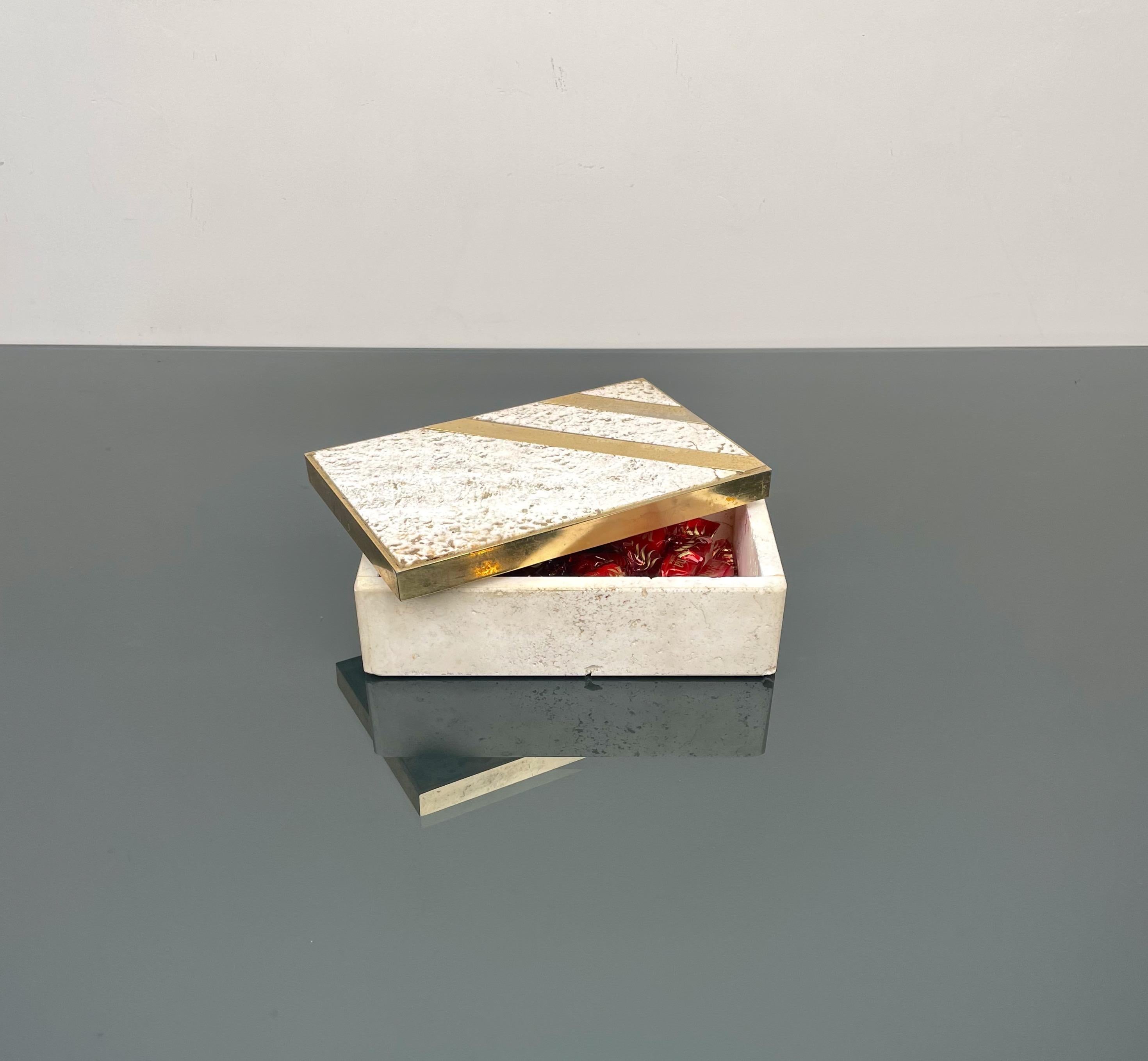 Midcentury Travertine and Brass Rectangular Box, Italy, 1970s For Sale 3
