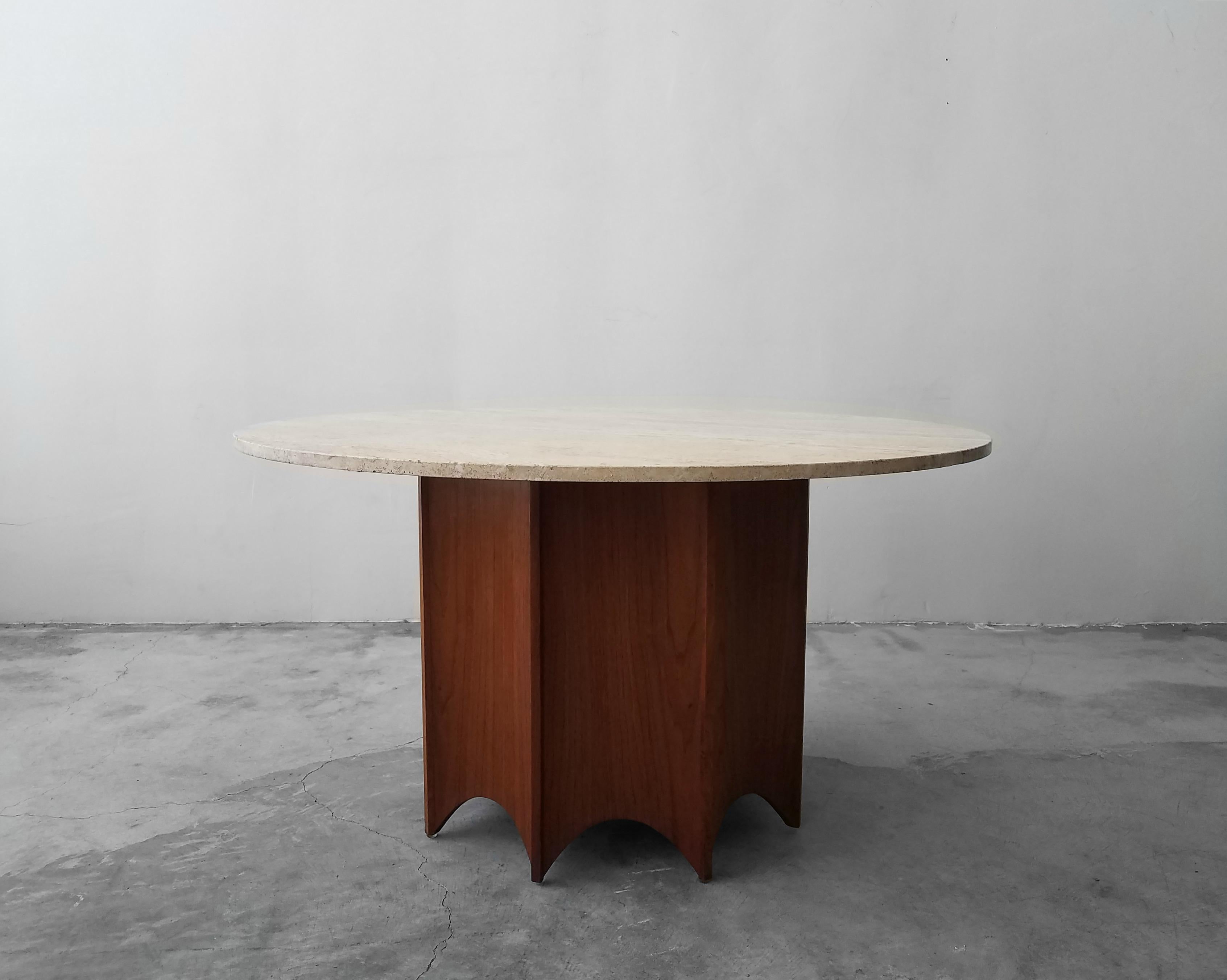 Midcentury Travertine and Walnut Game Table and Chairs Set In Good Condition In Las Vegas, NV