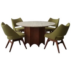 Midcentury Travertine and Walnut Game Table and Chairs Set by Harvey Probber