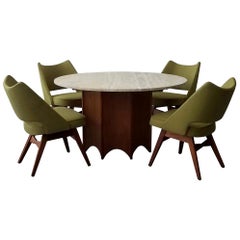 Midcentury Travertine and Walnut Game Table and Chairs Set