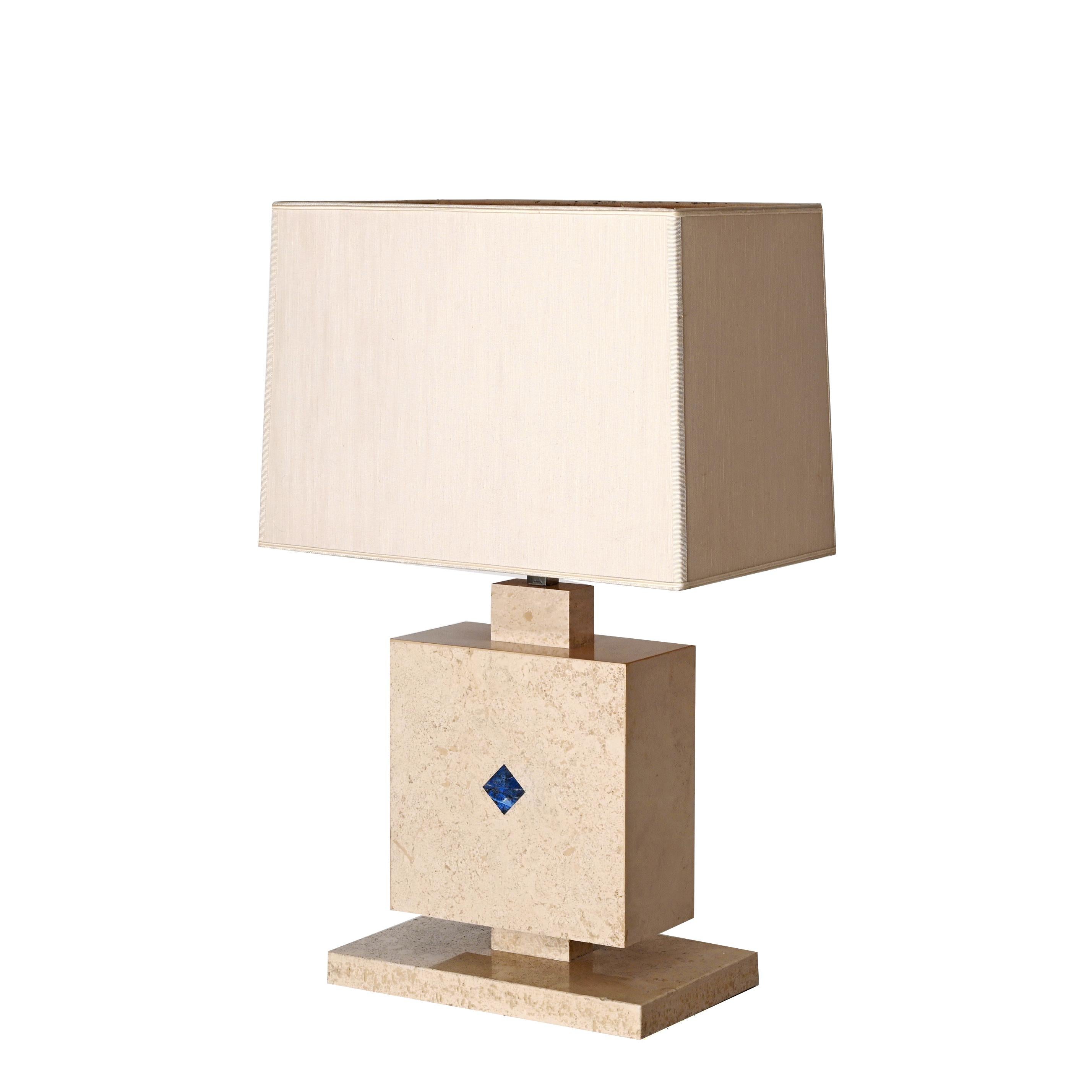 Lampe de bureau italienne du milieu du siècle dernier en marbre travertin et pierre de lapis-lazuli, 1970 en vente 4