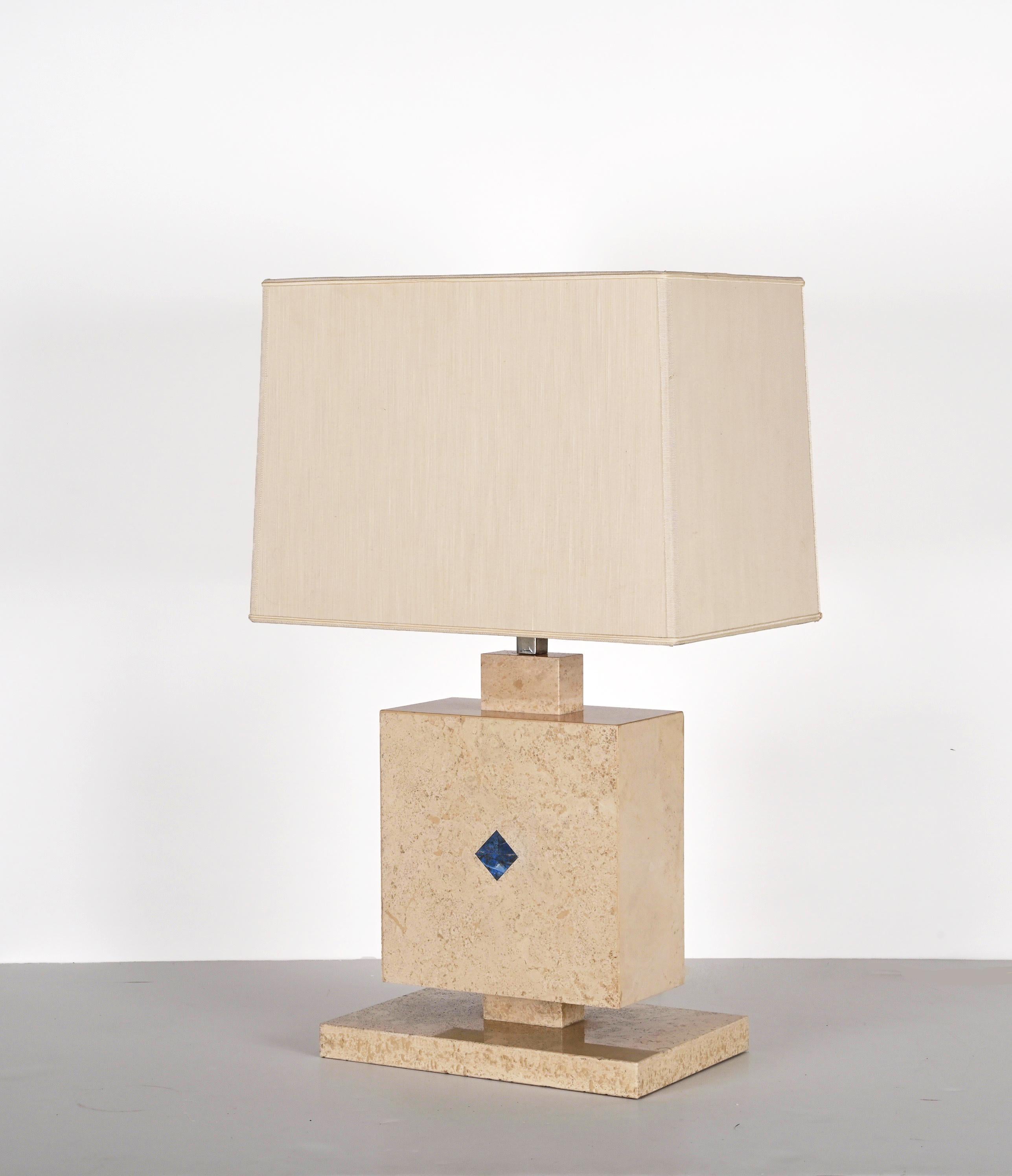 Midcentury Travertine Marble with Lapis Lazuli Stone Italian Table Lamp, 1970s For Sale 11