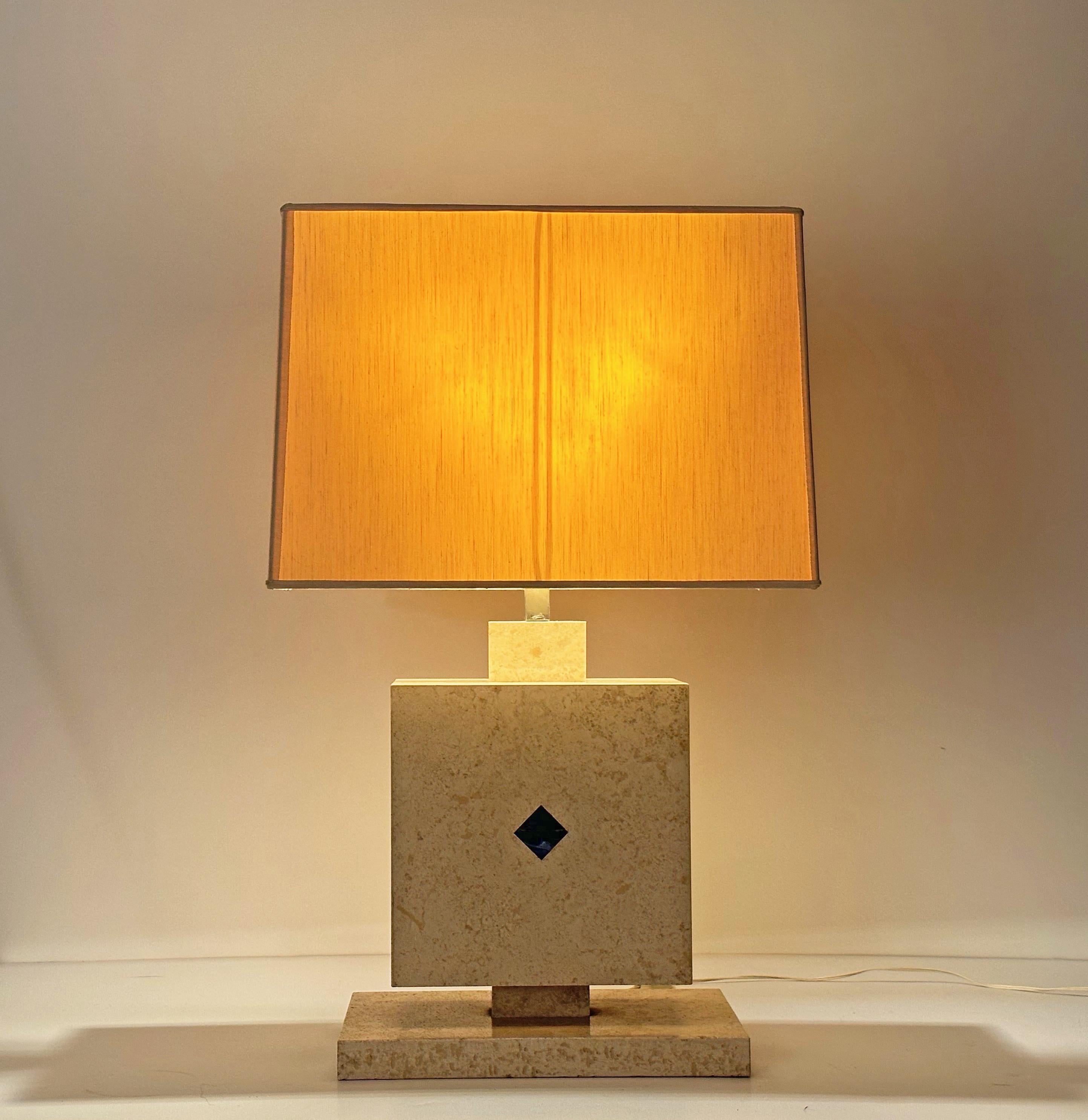 Midcentury Travertine Marble with Lapis Lazuli Stone Italian Table Lamp, 1970s For Sale 13