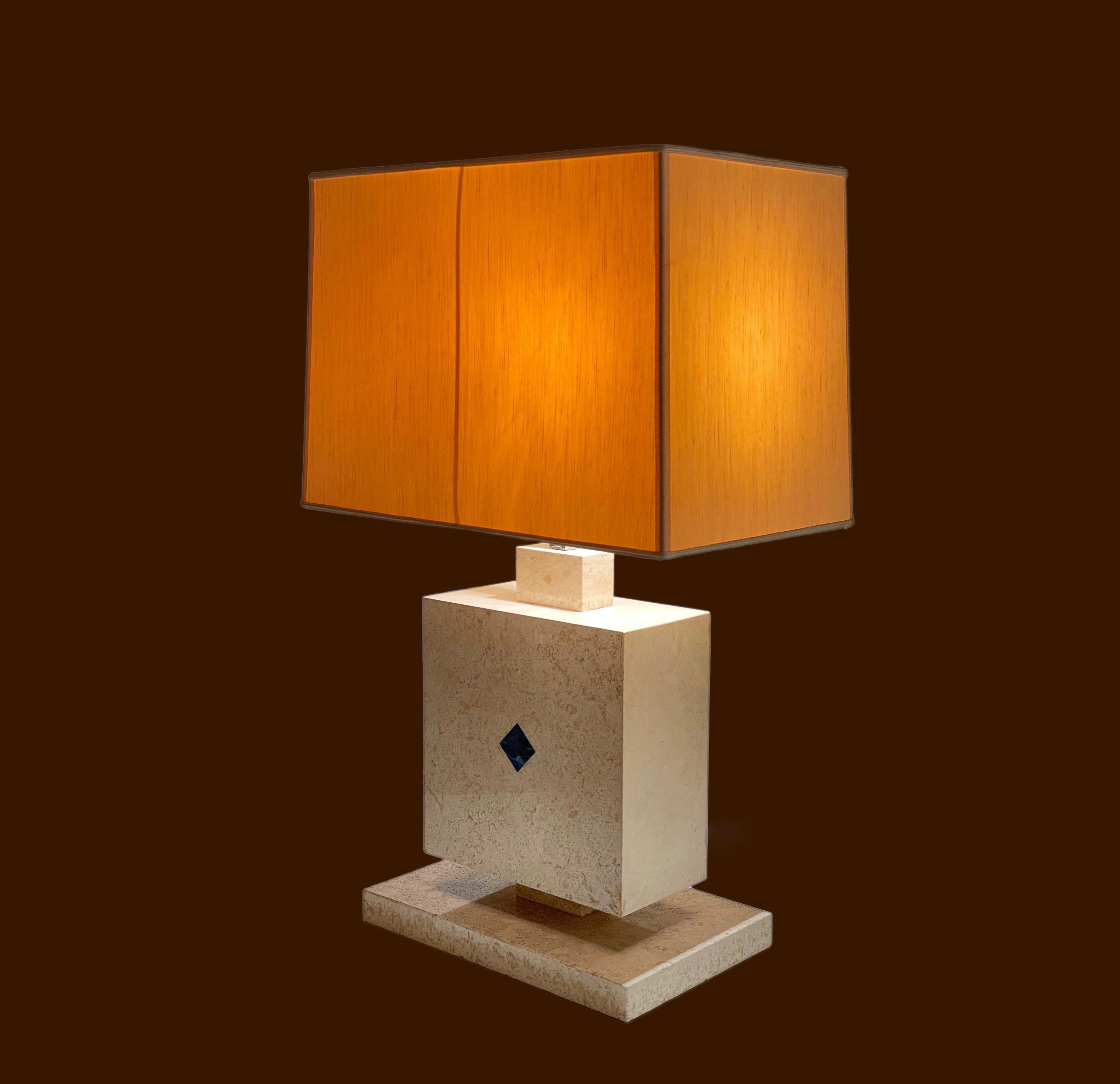 Mid-Century Modern Midcentury Travertine Marble with Lapis Lazuli Stone Italian Table Lamp, 1970s For Sale