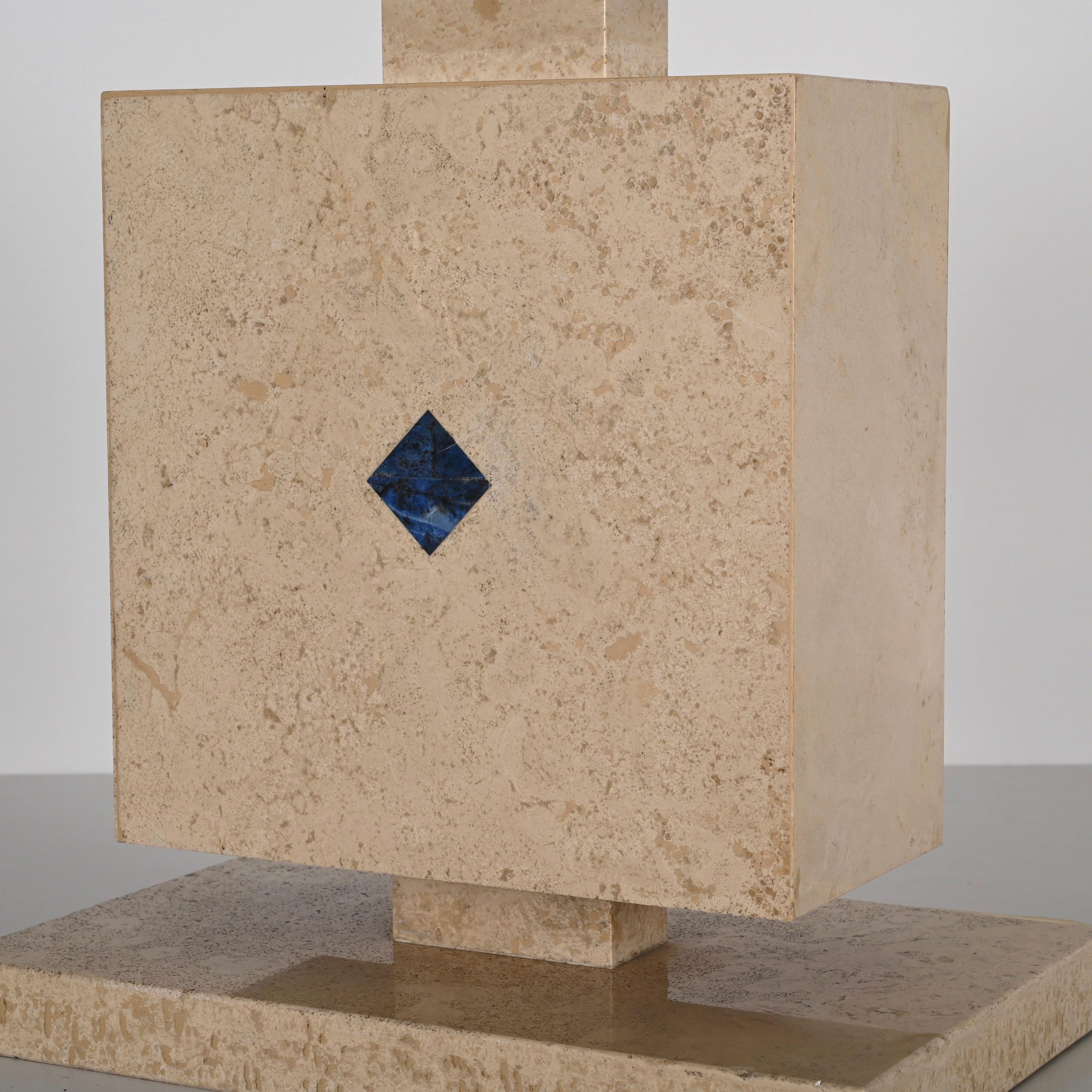 Midcentury Travertine Marble with Lapis Lazuli Stone Italian Table Lamp, 1970s In Good Condition For Sale In Roma, IT