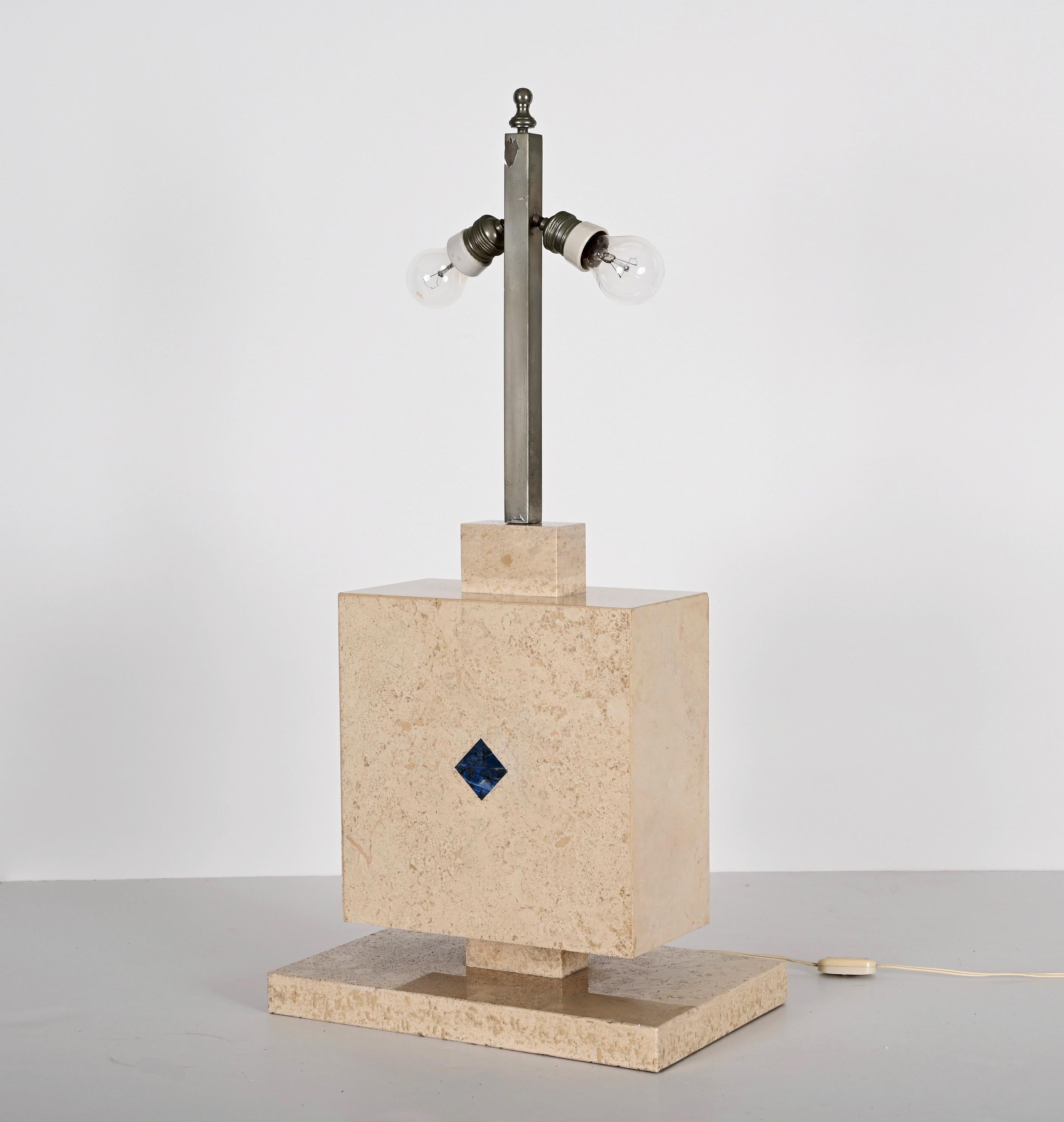 Late 20th Century Midcentury Travertine Marble with Lapis Lazuli Stone Italian Table Lamp, 1970s For Sale