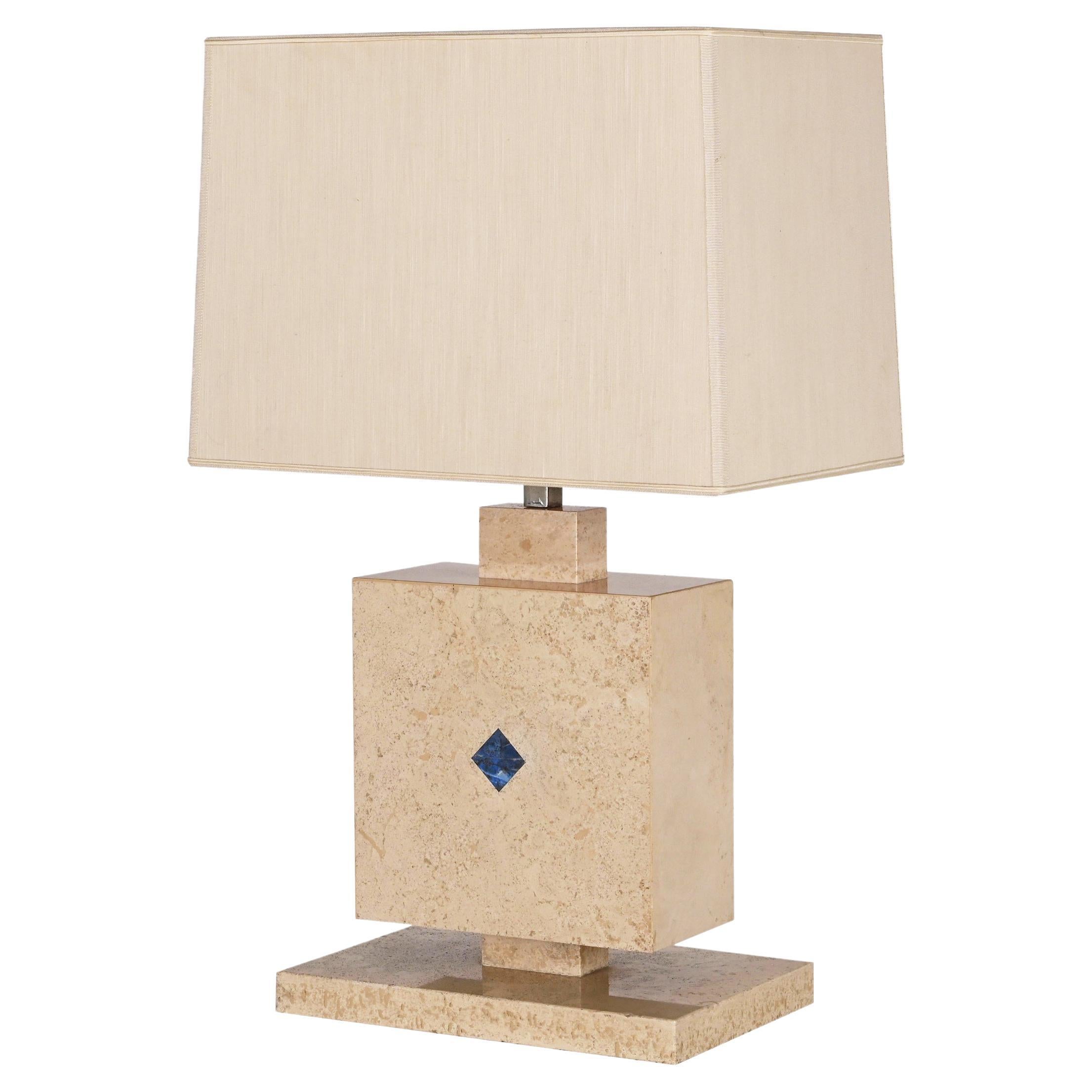 Midcentury Travertine Marble with Lapis Lazuli Stone Italian Table Lamp, 1970s For Sale