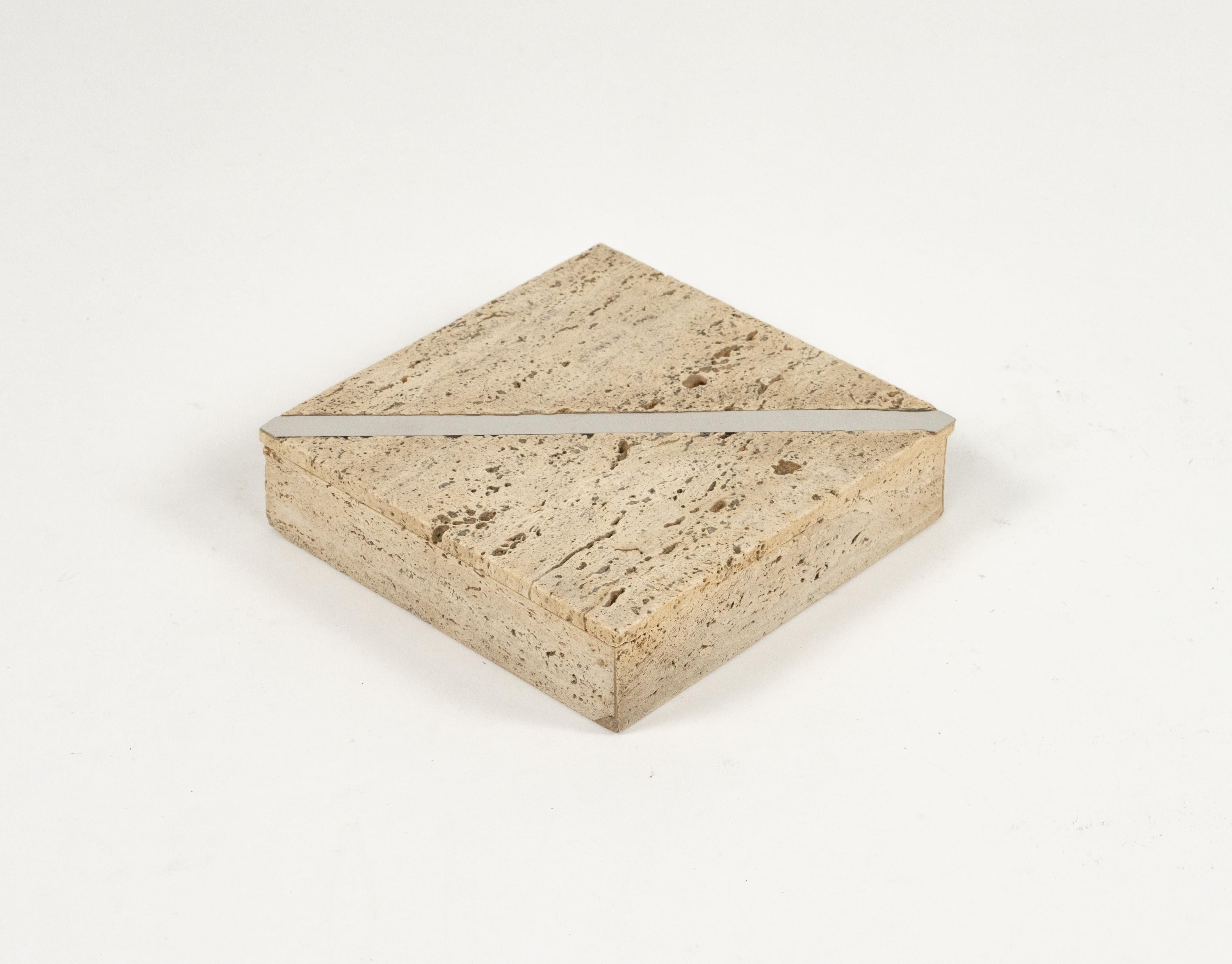 Midcentury beautiful rectangular box in travertine and chrome in the style of Fratelli Mannelli.  

Made in Italy in the 1970s.  

Perfect desk object or gift idea.