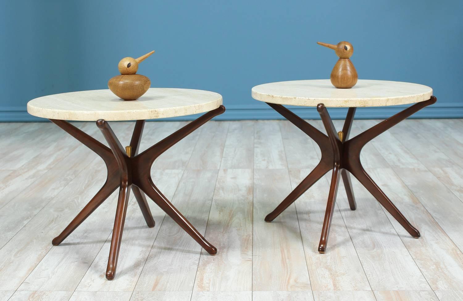 Midcentury Travertine Top Side Tables with Sculpted Jax Style Bases 2