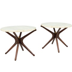 Vintage Midcentury Travertine Top Side Tables with Sculpted Jax Style Bases