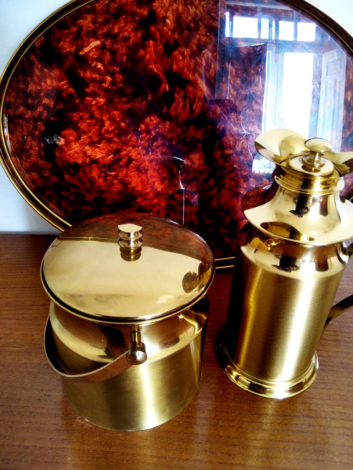 Cocktail Set Tray and Ice Bucket  and Thermos Brass and Lucite Italy Midcentury  4