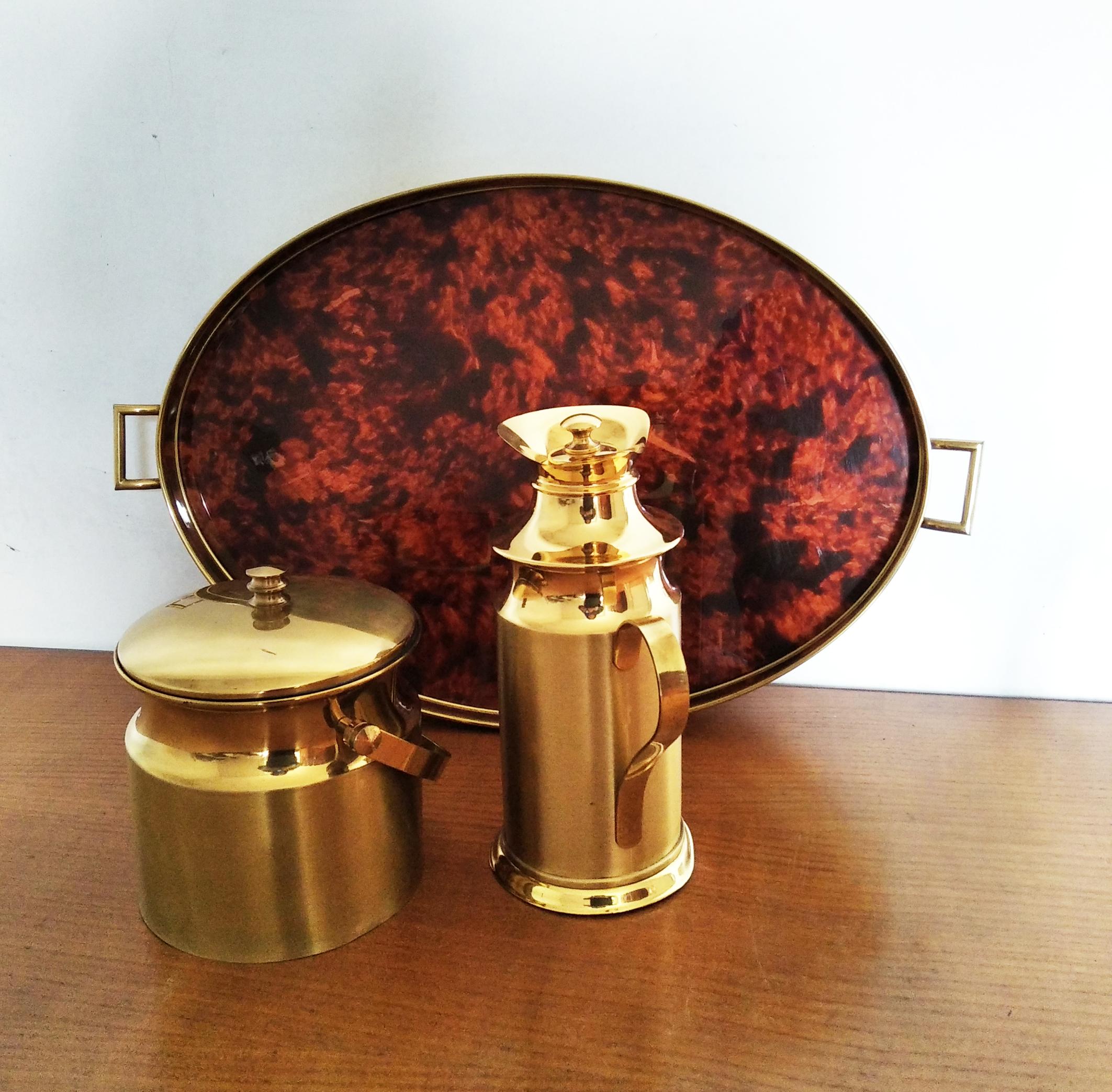 Cocktail Set Tray and Ice Bucket  and Thermos Brass and Lucite Italy Midcentury  13
