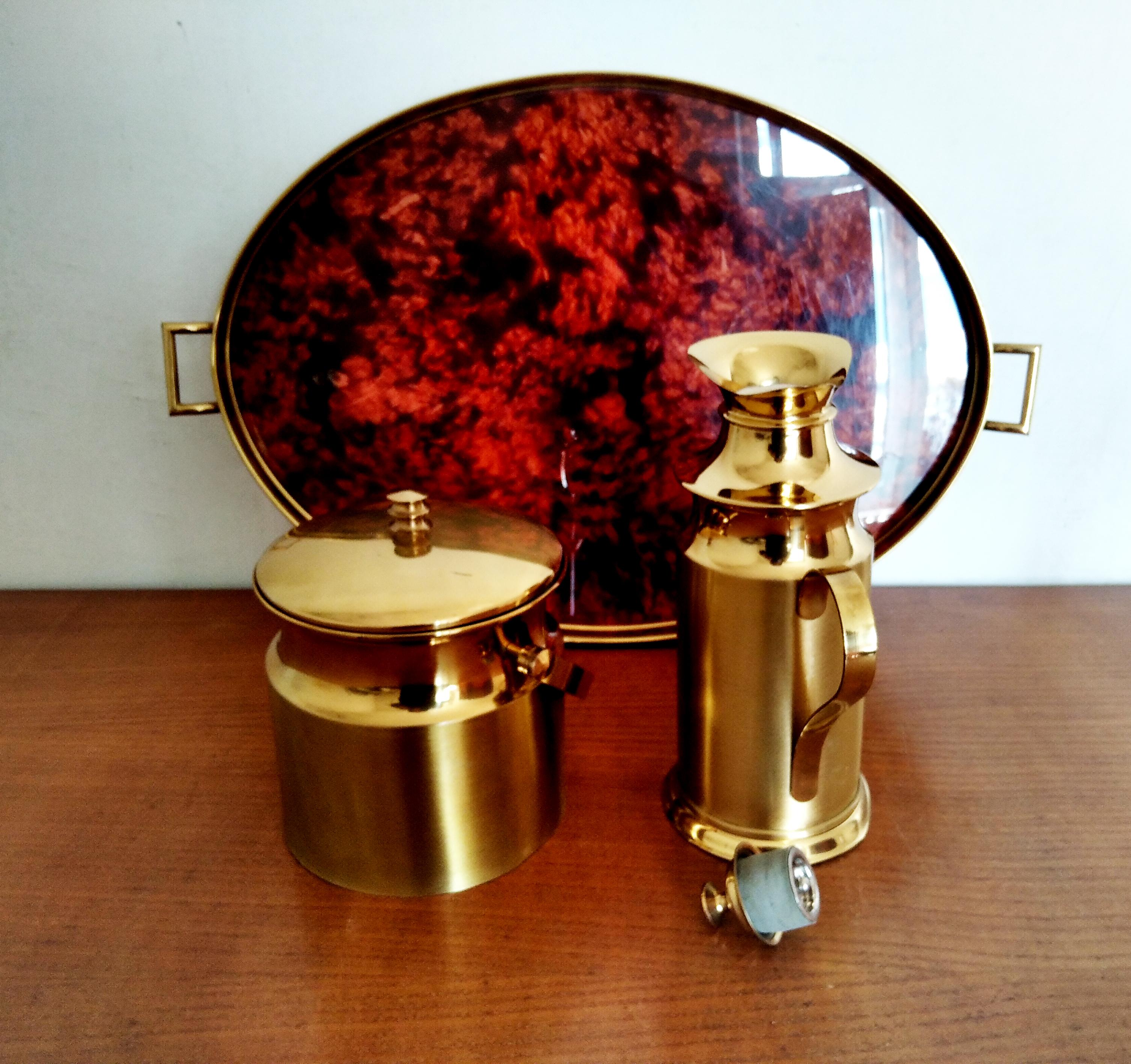 Italian Cocktail Set Tray and Ice Bucket  and Thermos Brass and Lucite Italy Midcentury 