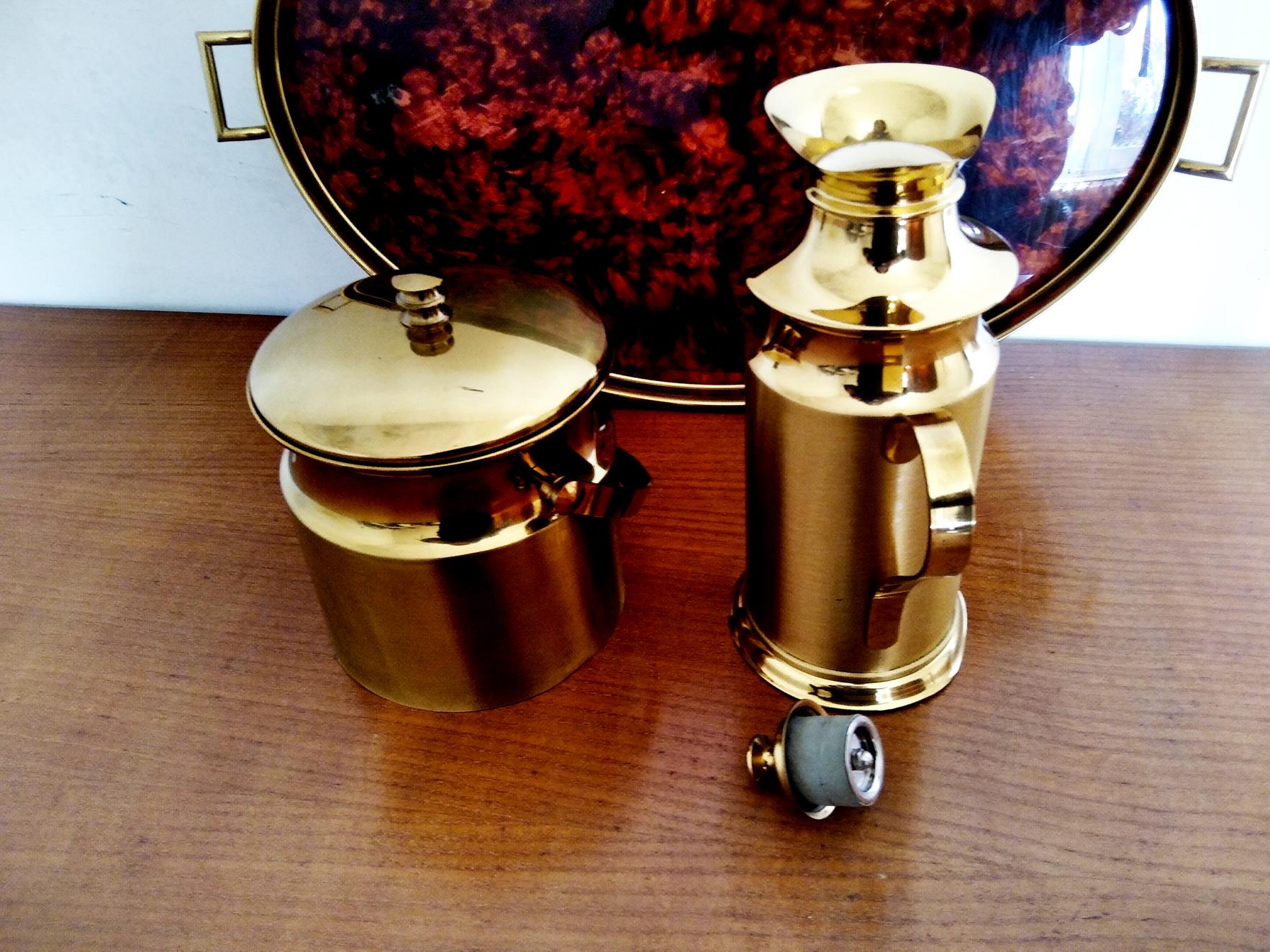 Cocktail Set Tray and Ice Bucket  and Thermos Brass and Lucite Italy Midcentury  1