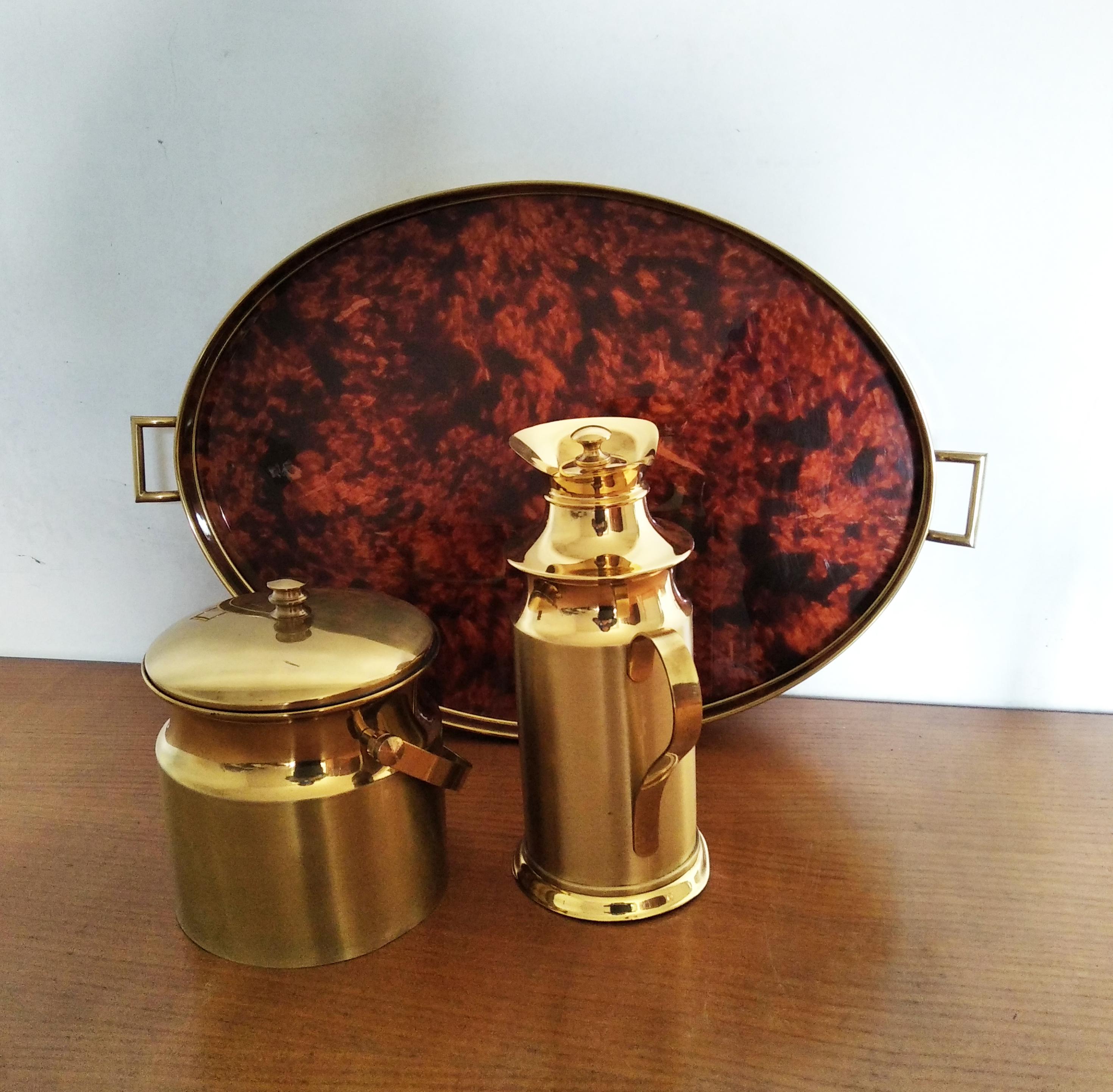 Cocktail Set Tray and Ice Bucket  and Thermos Brass and Lucite Italy Midcentury  2