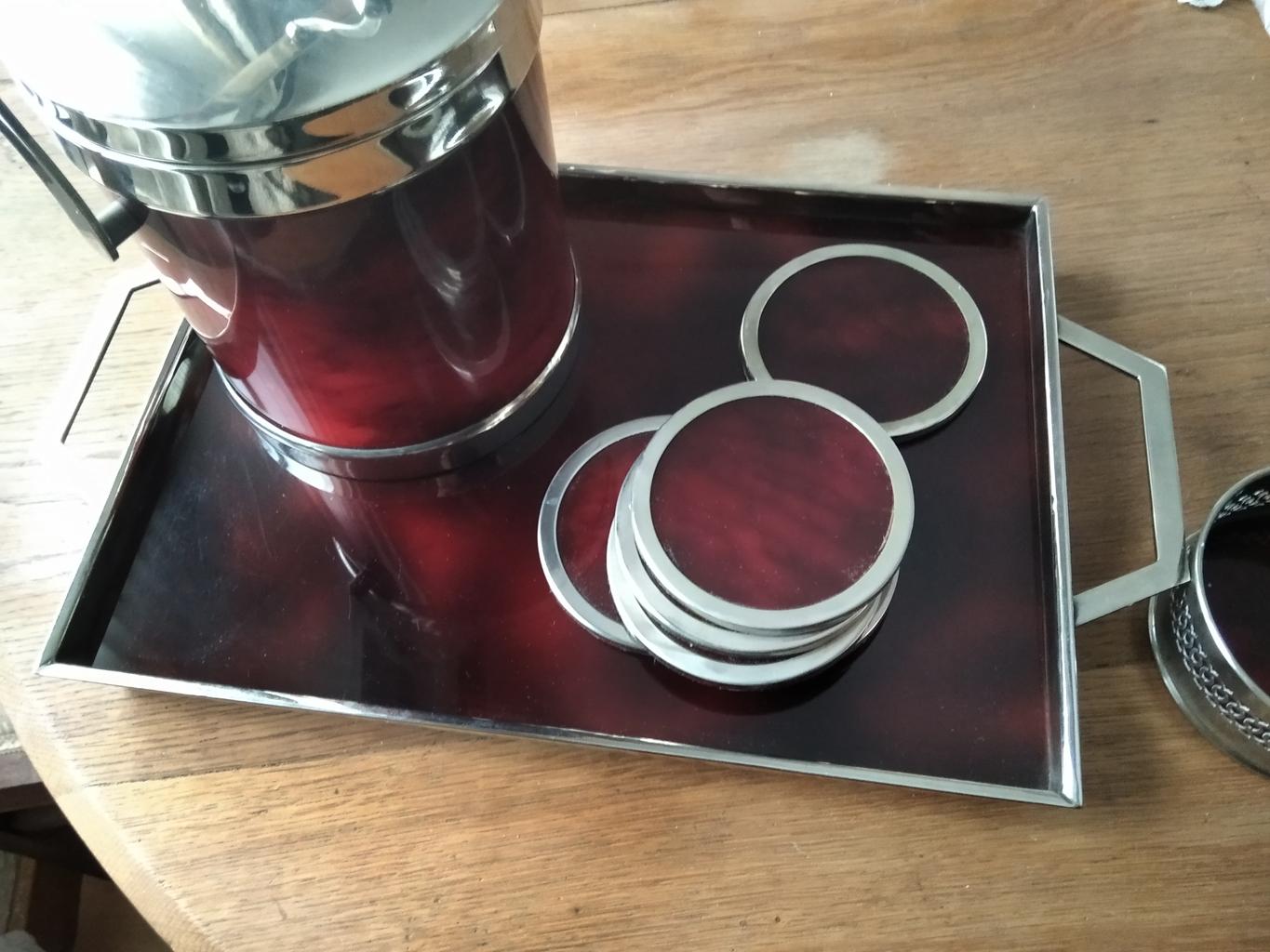 Tray and Ice Bucket Lucite 'Acrylic' and Nickel Silver , 50s 1