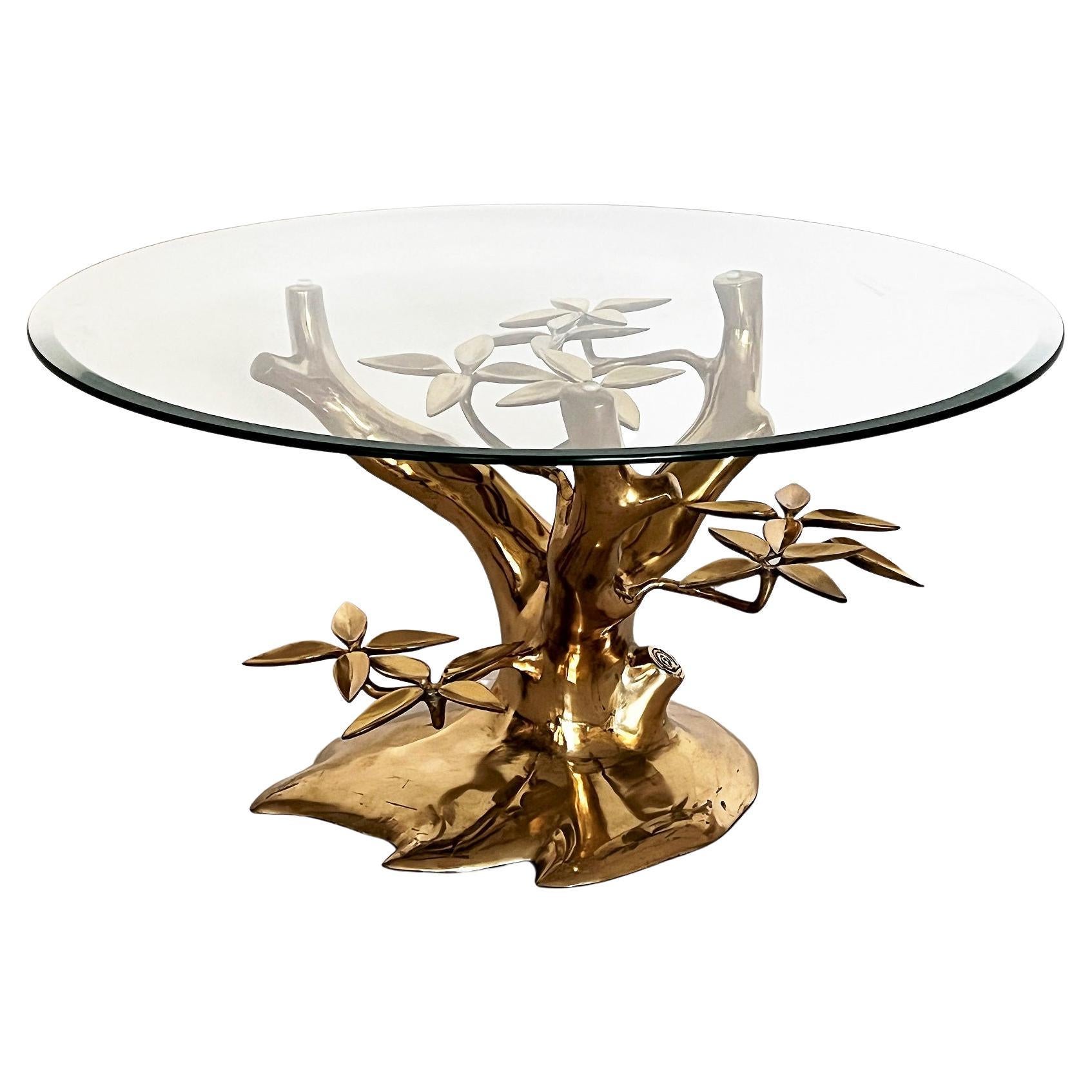 Midcentury Coffee Table in Full Brass and Cut Glass by Willy Daro, 1970s