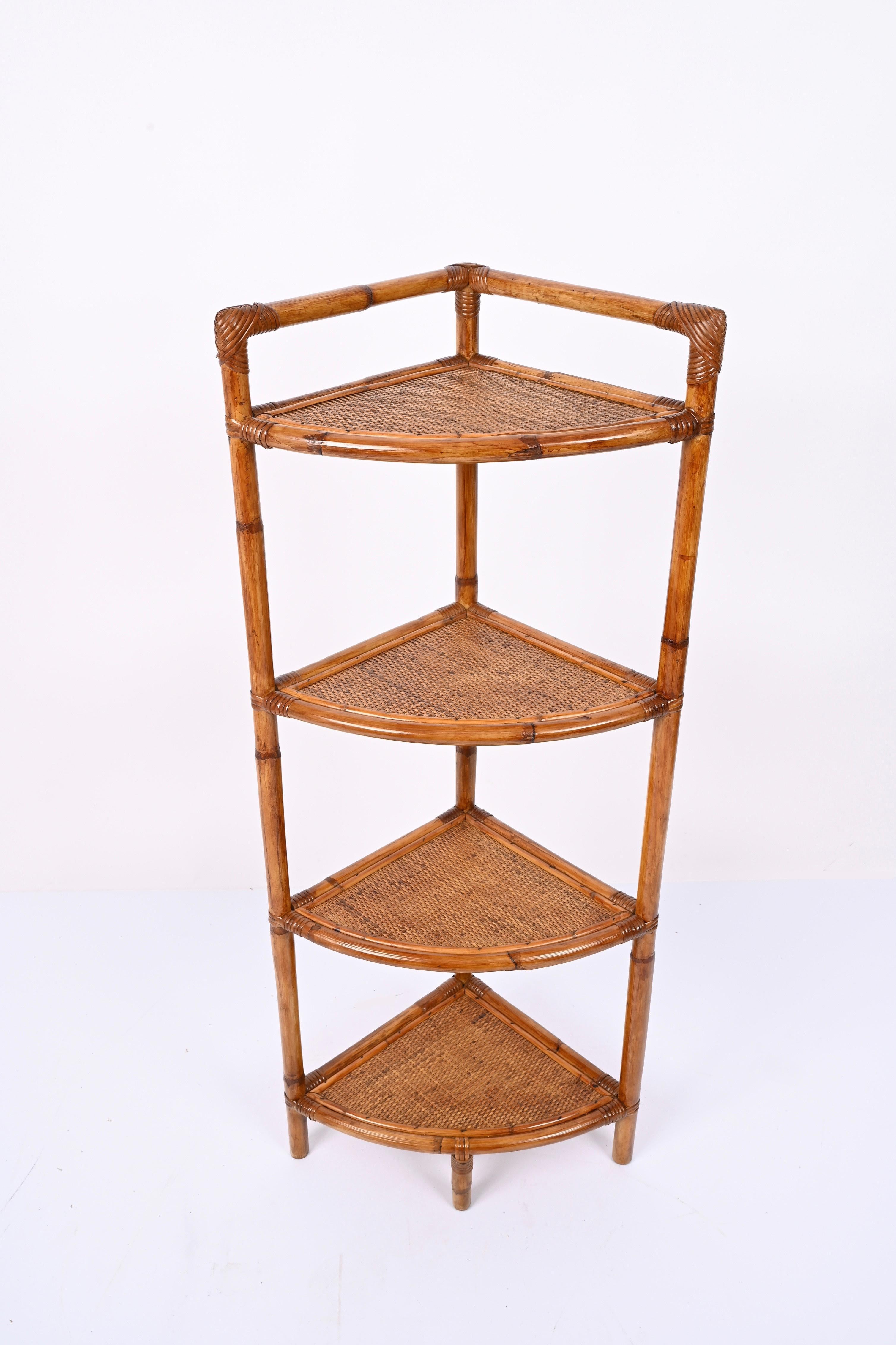 Midcentury Triangular Bamboo and Rattan Italian Corner Bookcase Shelves, 1970s 3