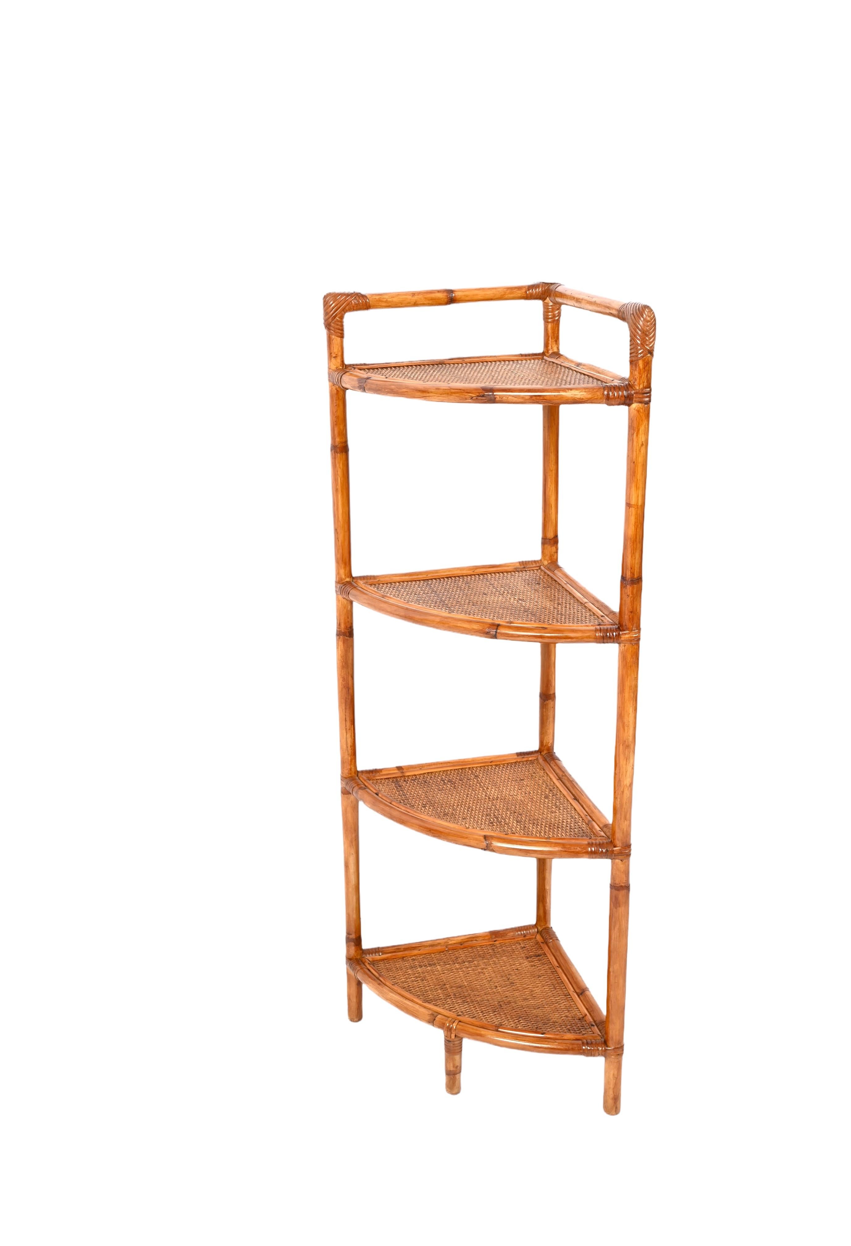 Midcentury Triangular Bamboo and Rattan Italian Corner Bookcase Shelves, 1970s 4