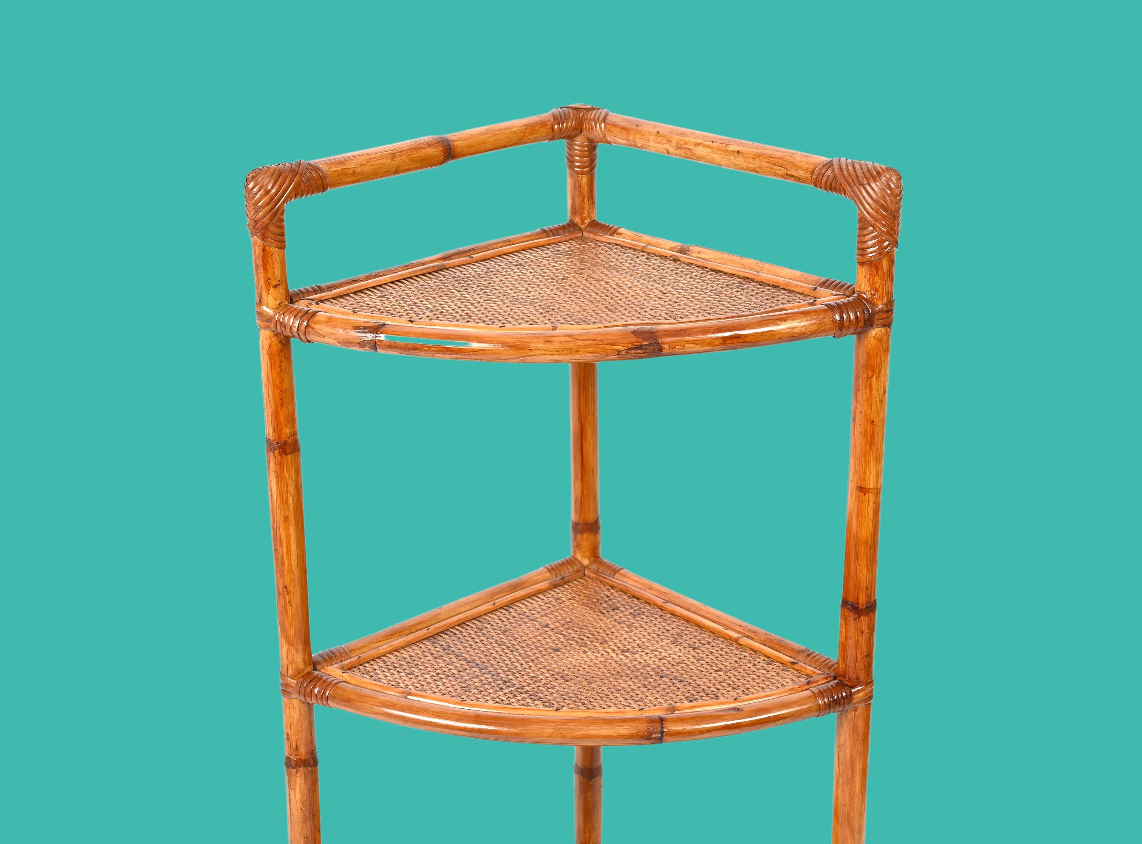 Midcentury Triangular Bamboo and Rattan Italian Corner Bookcase Shelves, 1970s 7