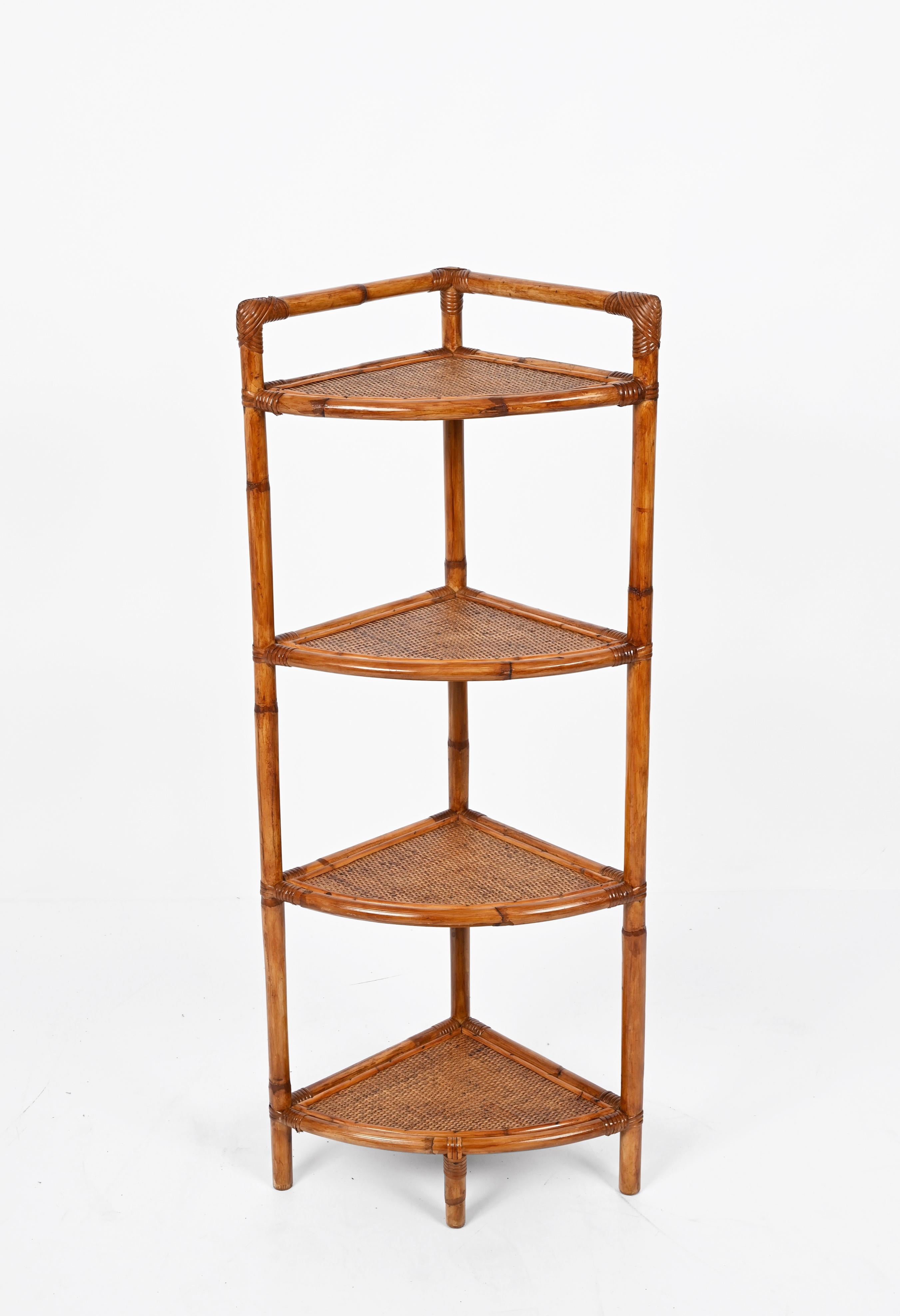 Mid-Century Modern Midcentury Triangular Bamboo and Rattan Italian Corner Bookcase Shelves, 1970s