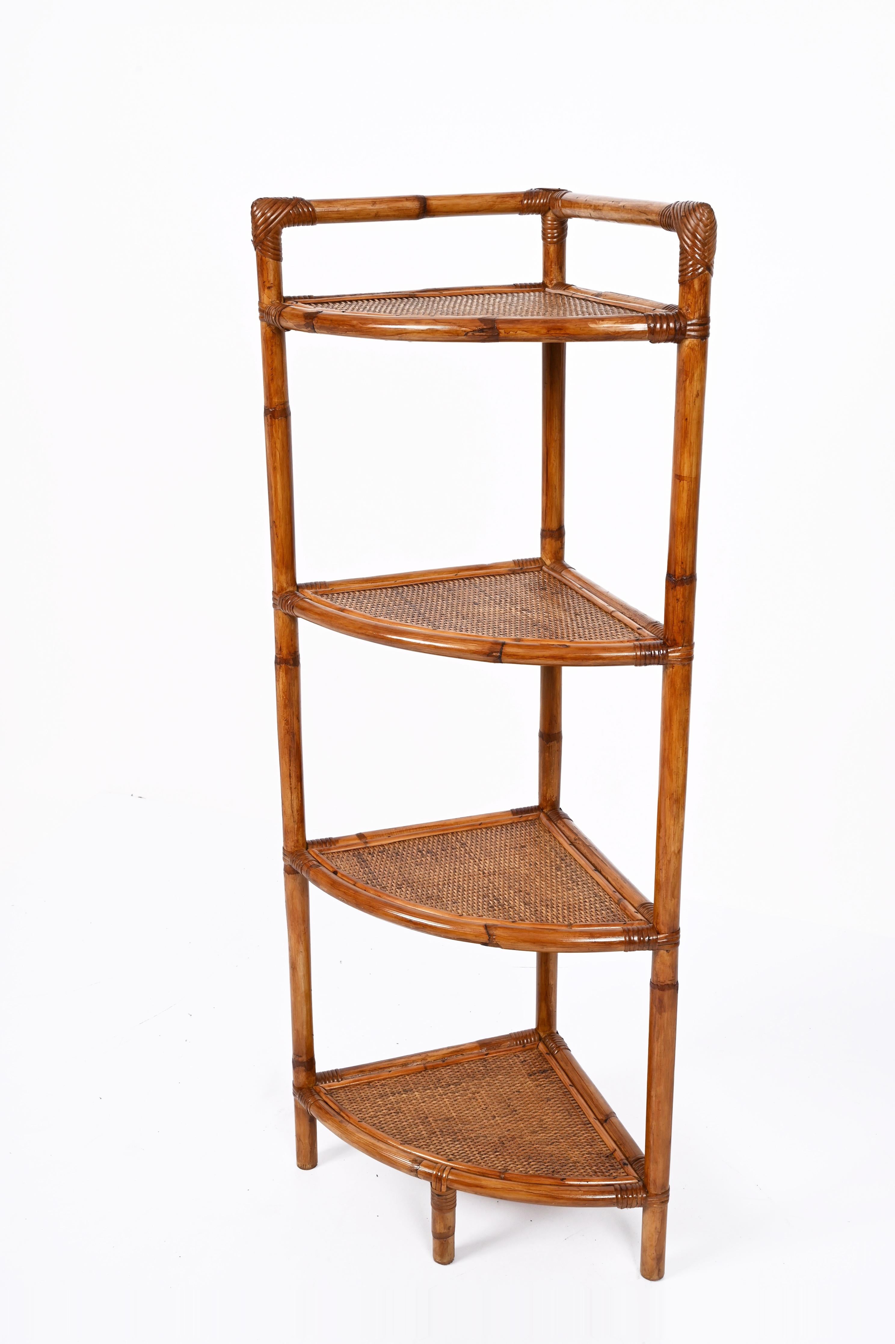 Midcentury Triangular Bamboo and Rattan Italian Corner Bookcase Shelves, 1970s 1