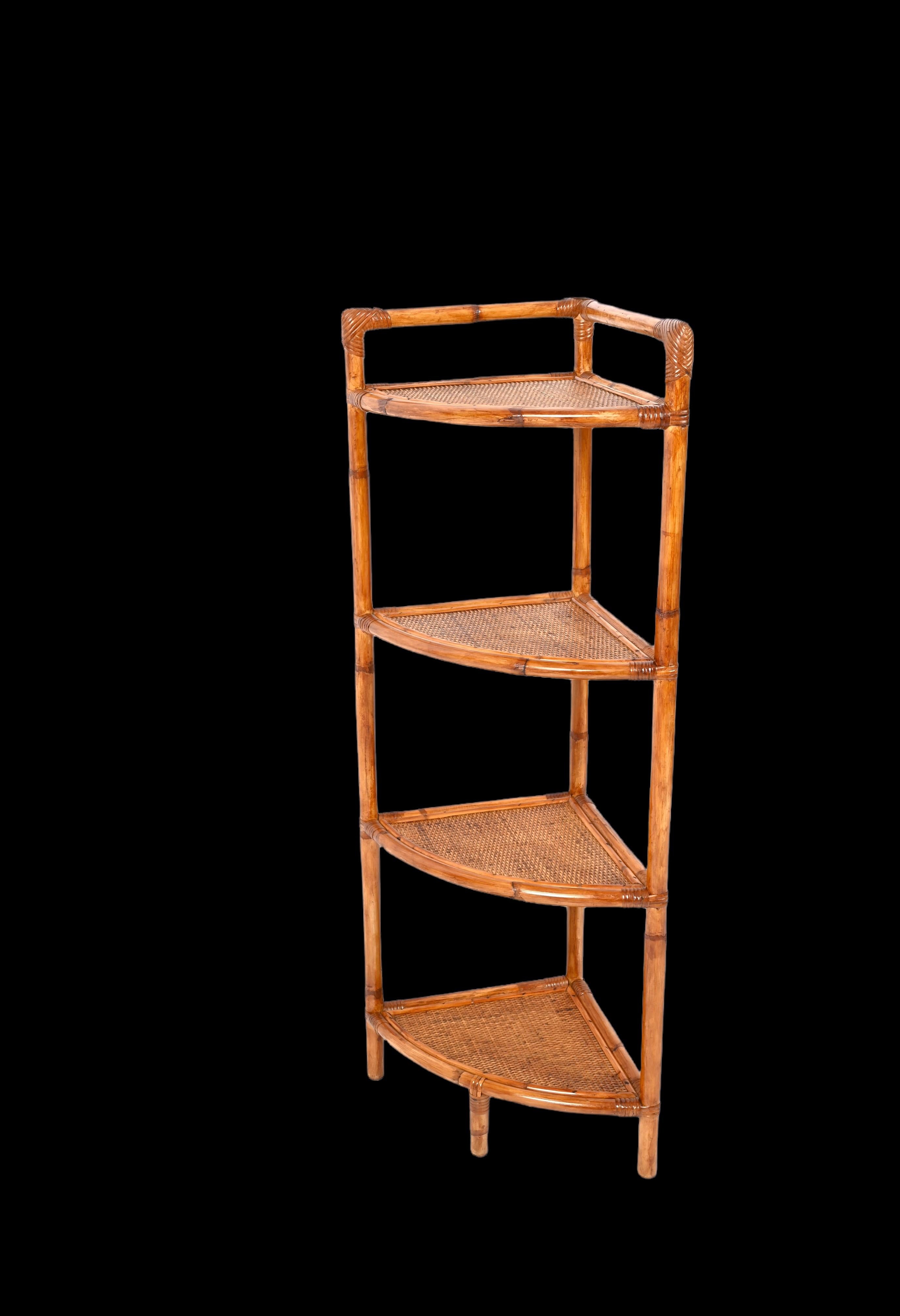 Midcentury Triangular Bamboo and Rattan Italian Corner Bookcase Shelves, 1970s 2