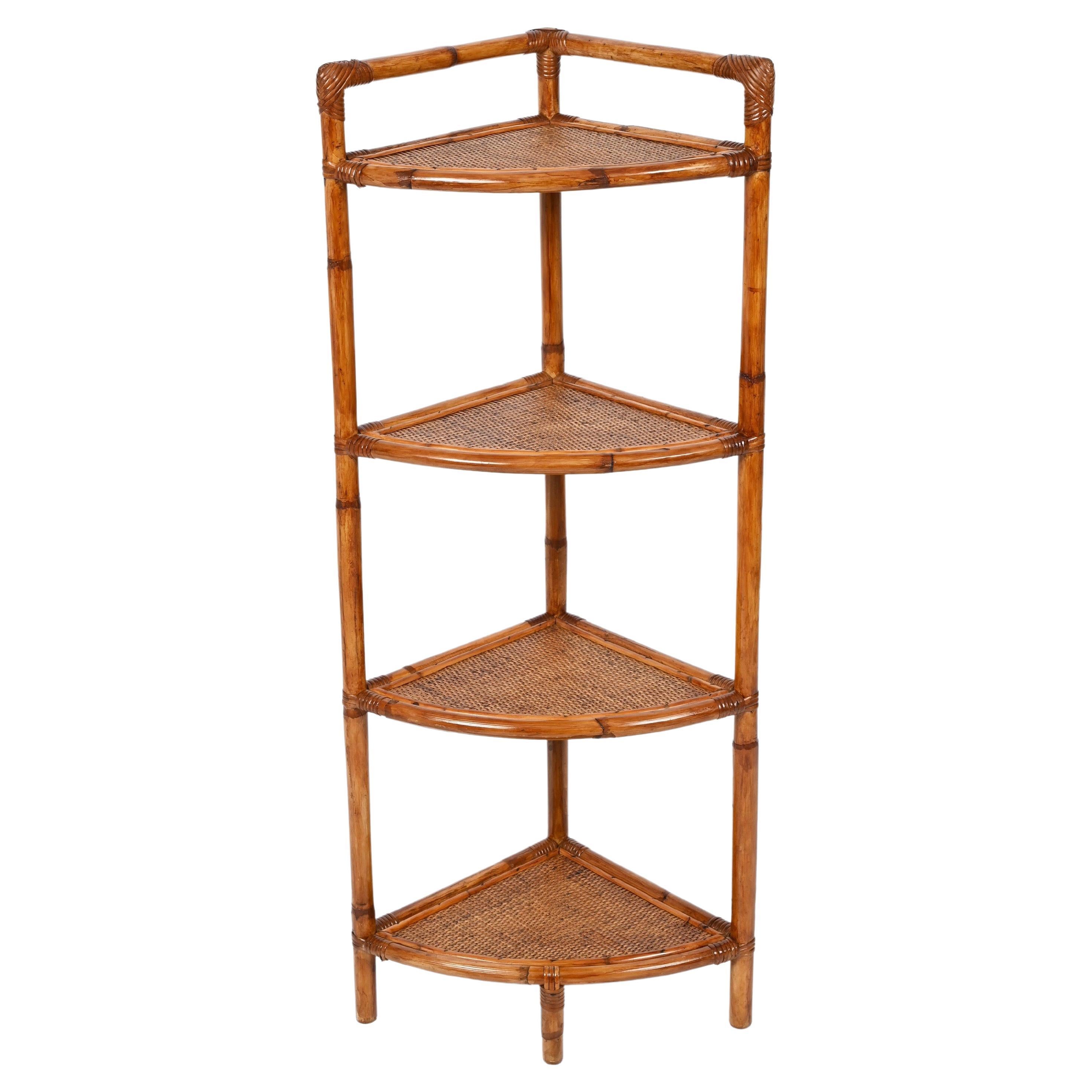 Midcentury Triangular Bamboo and Rattan Italian Corner Bookcase Shelves, 1970s