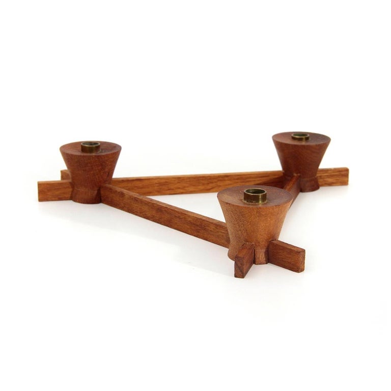 Mid-20th Century Midcentury Triangular Teak and Brass Italian Candleholder by Anri Form, 1960s For Sale