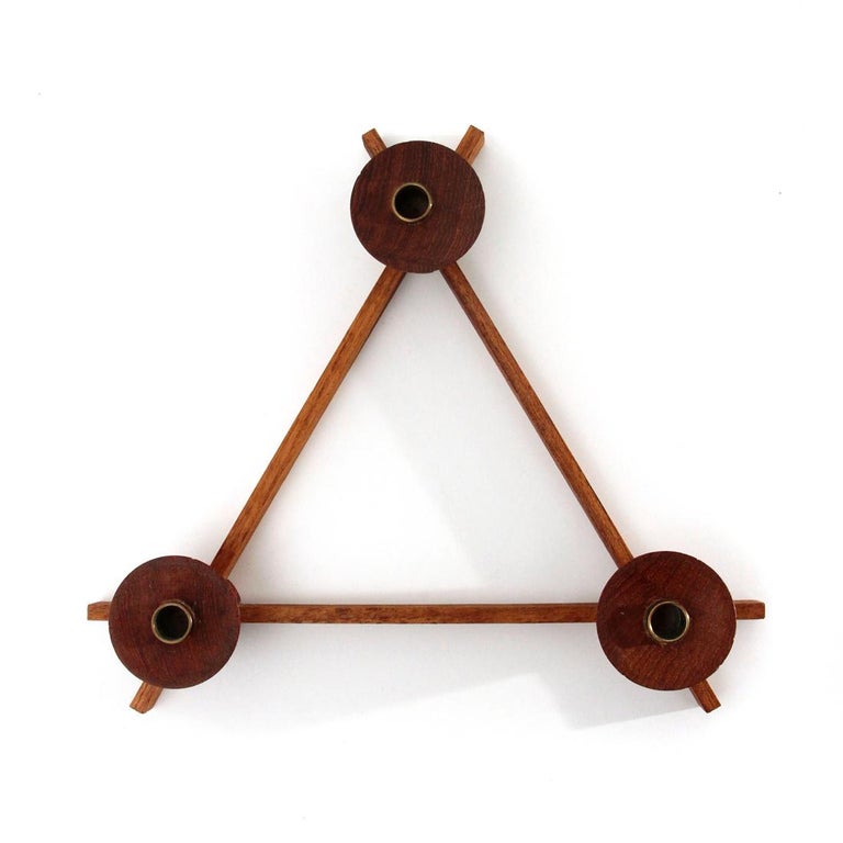 Wood Midcentury Triangular Teak and Brass Italian Candleholder by Anri Form, 1960s For Sale