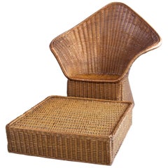 Midcentury Triangular Wicker/Rattan Armchair and Ottoman