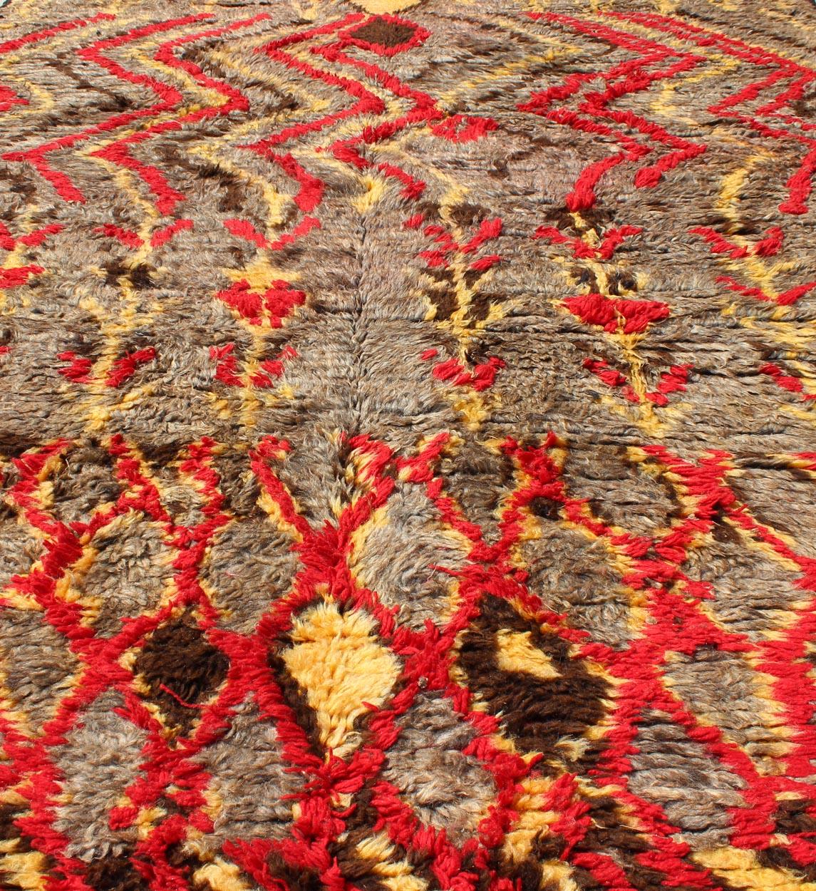 20th Century Midcentury Tribal Moroccan Rug with Red, Gray, Yellow, and Charcoal For Sale