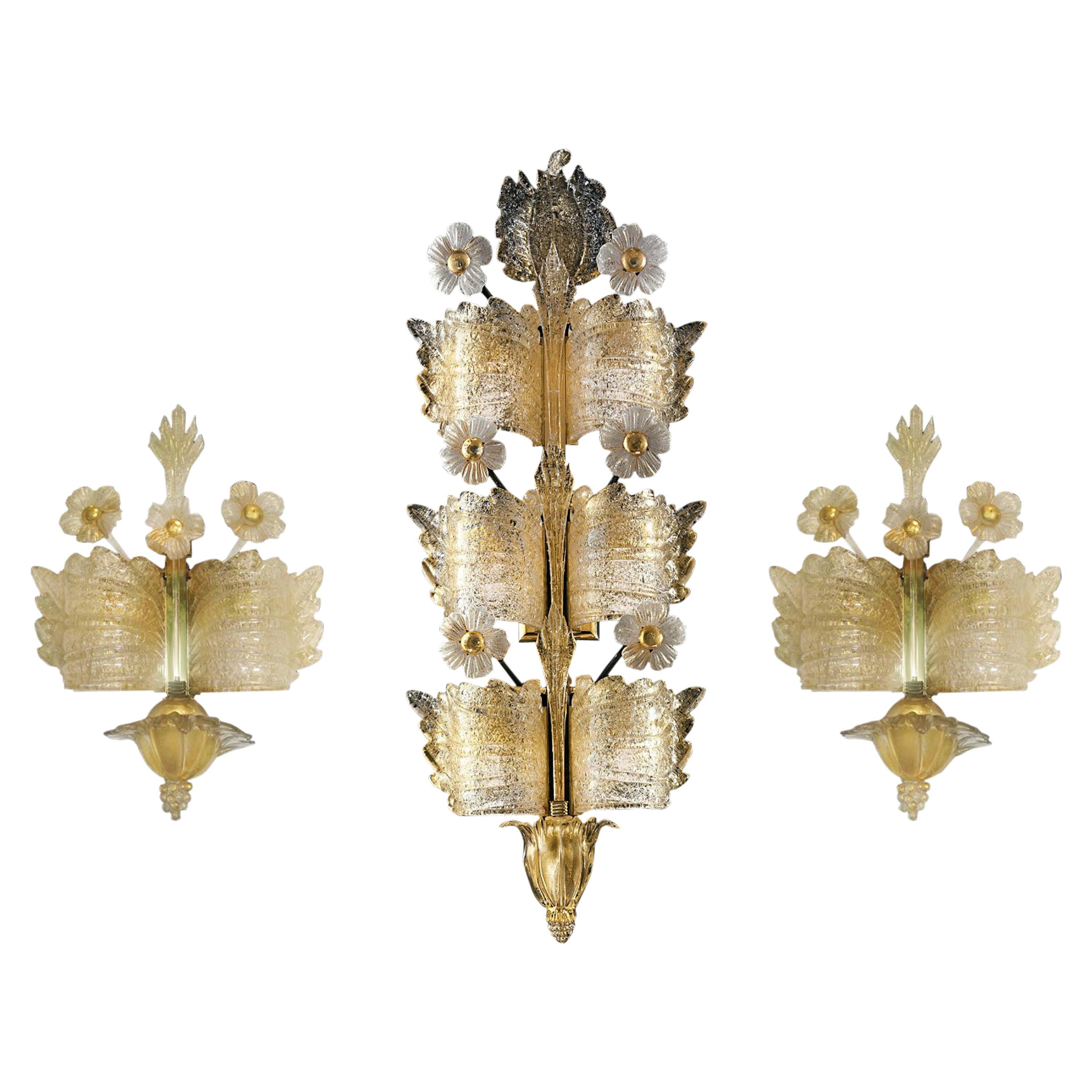 Midcentury Trio of Sconces Grand Hotel by Barovier & Toso, Murano, 1960s For Sale
