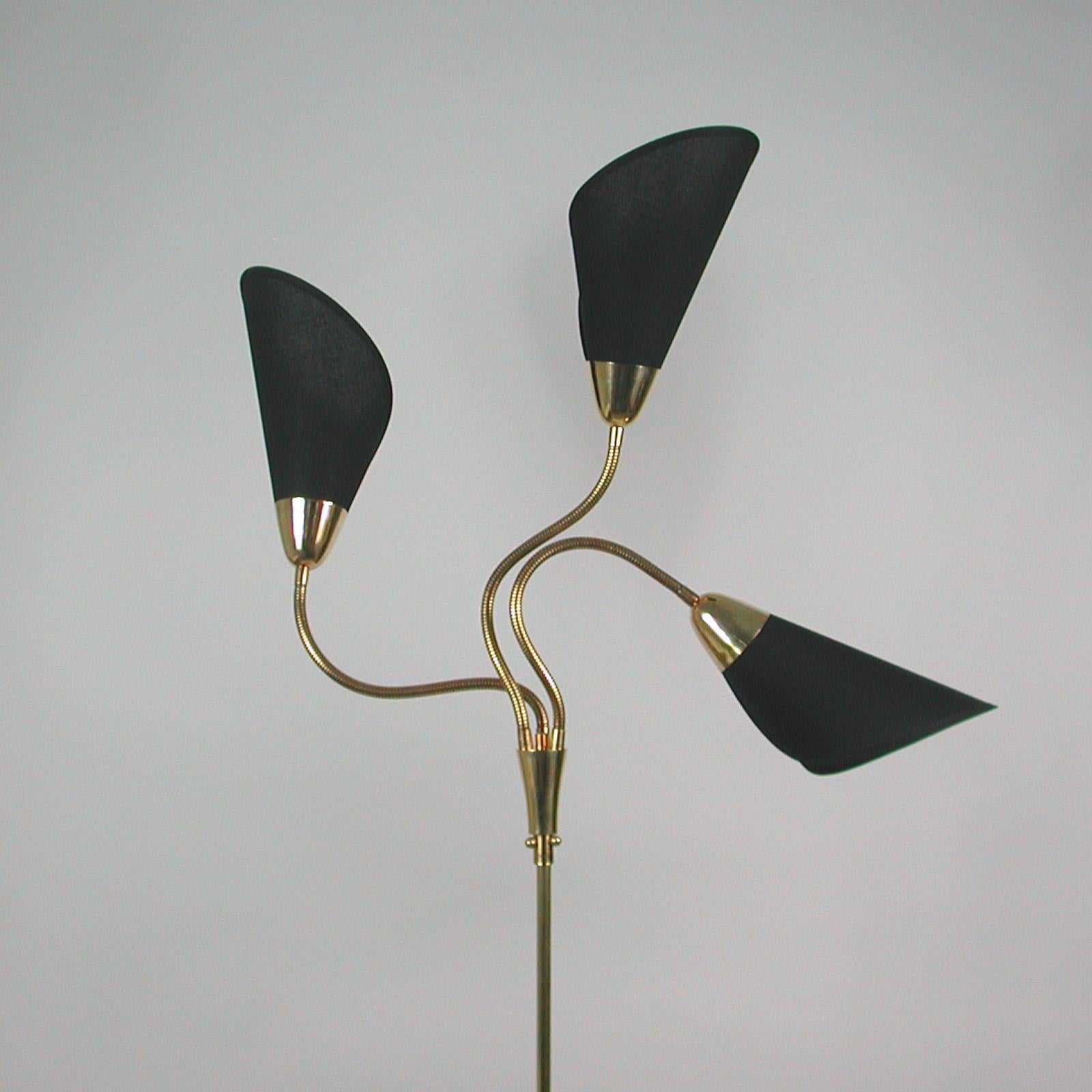 Midcentury Triple Gooseneck Brass & Black Fabric Floor Lamp, Germany, 1950s 7