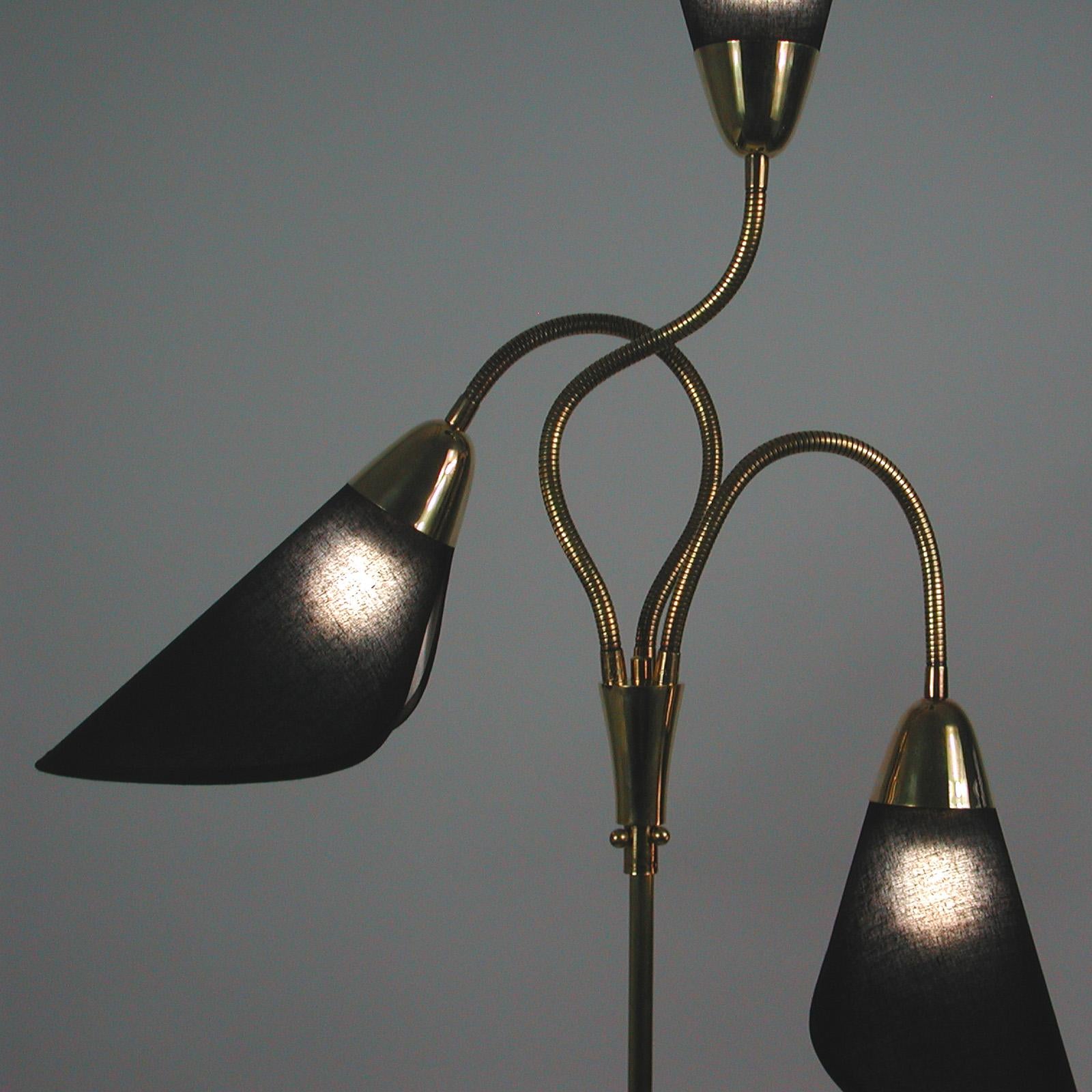 Midcentury Triple Gooseneck Brass & Black Fabric Floor Lamp, Germany, 1950s 8