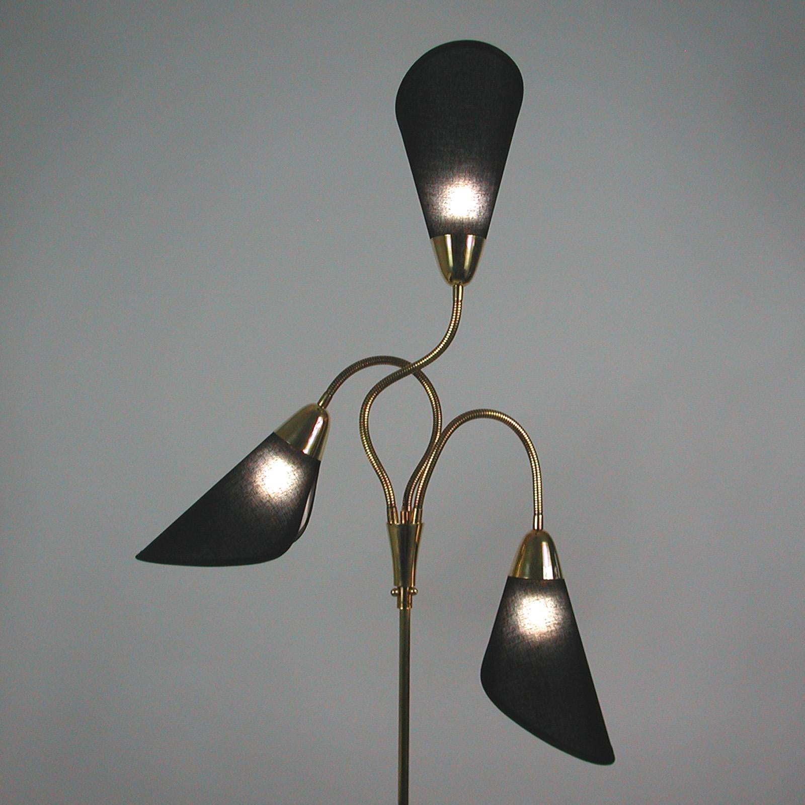 Midcentury Triple Gooseneck Brass & Black Fabric Floor Lamp, Germany, 1950s 10