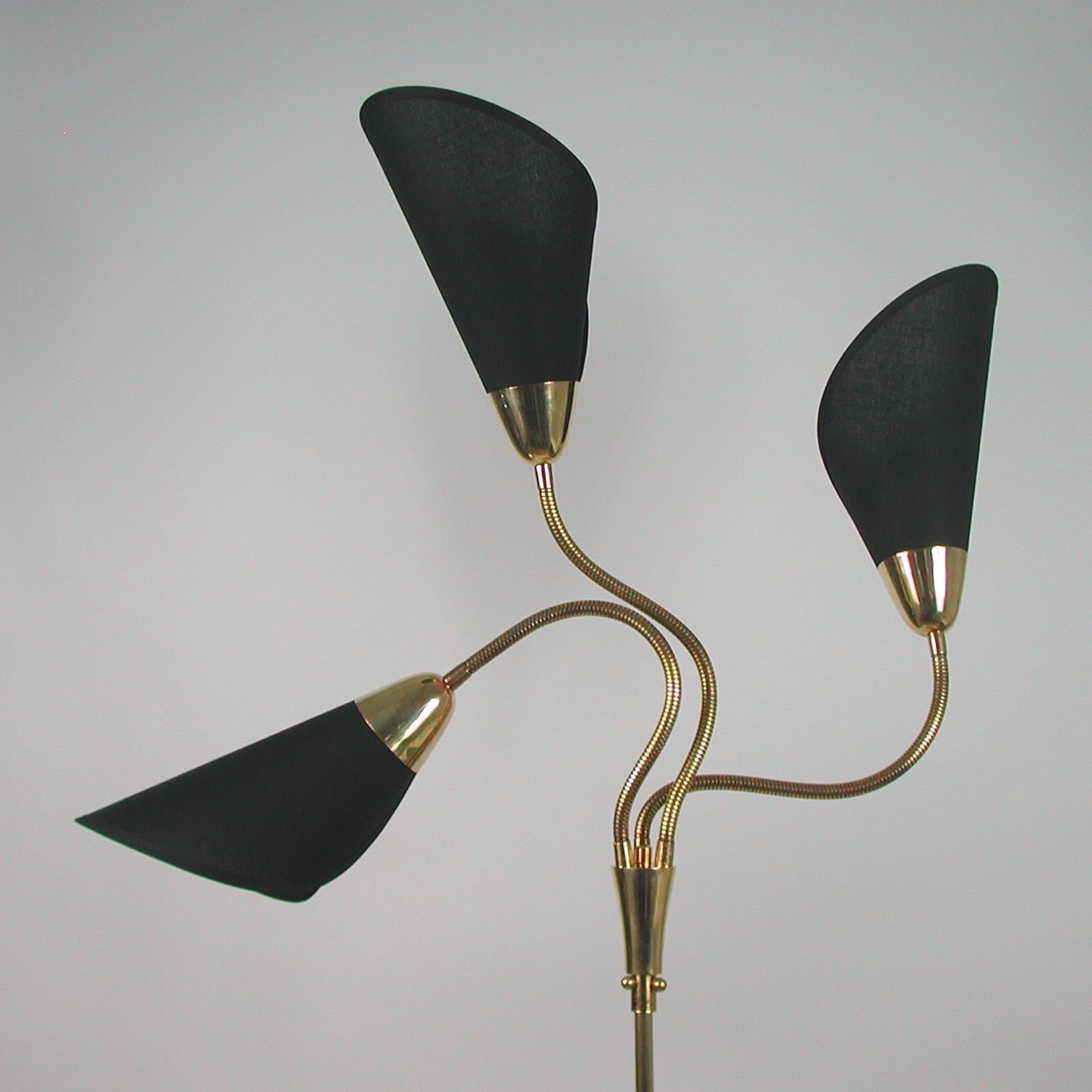 Midcentury Triple Gooseneck Brass & Black Fabric Floor Lamp, Germany, 1950s 11