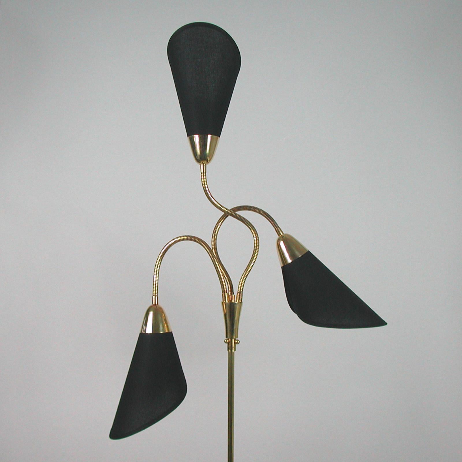 Midcentury Triple Gooseneck Brass & Black Fabric Floor Lamp, Germany, 1950s 12