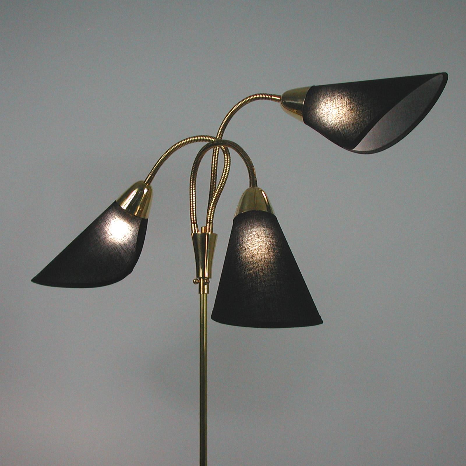 Midcentury Triple Gooseneck Brass & Black Fabric Floor Lamp, Germany, 1950s 14