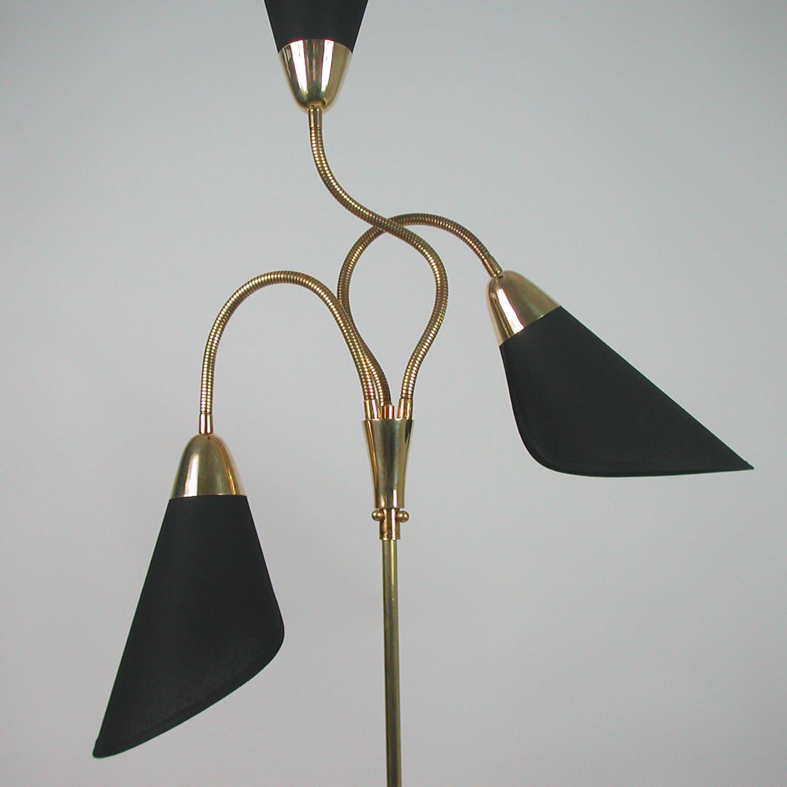 Midcentury Triple Gooseneck Brass & Black Fabric Floor Lamp, Germany, 1950s 15