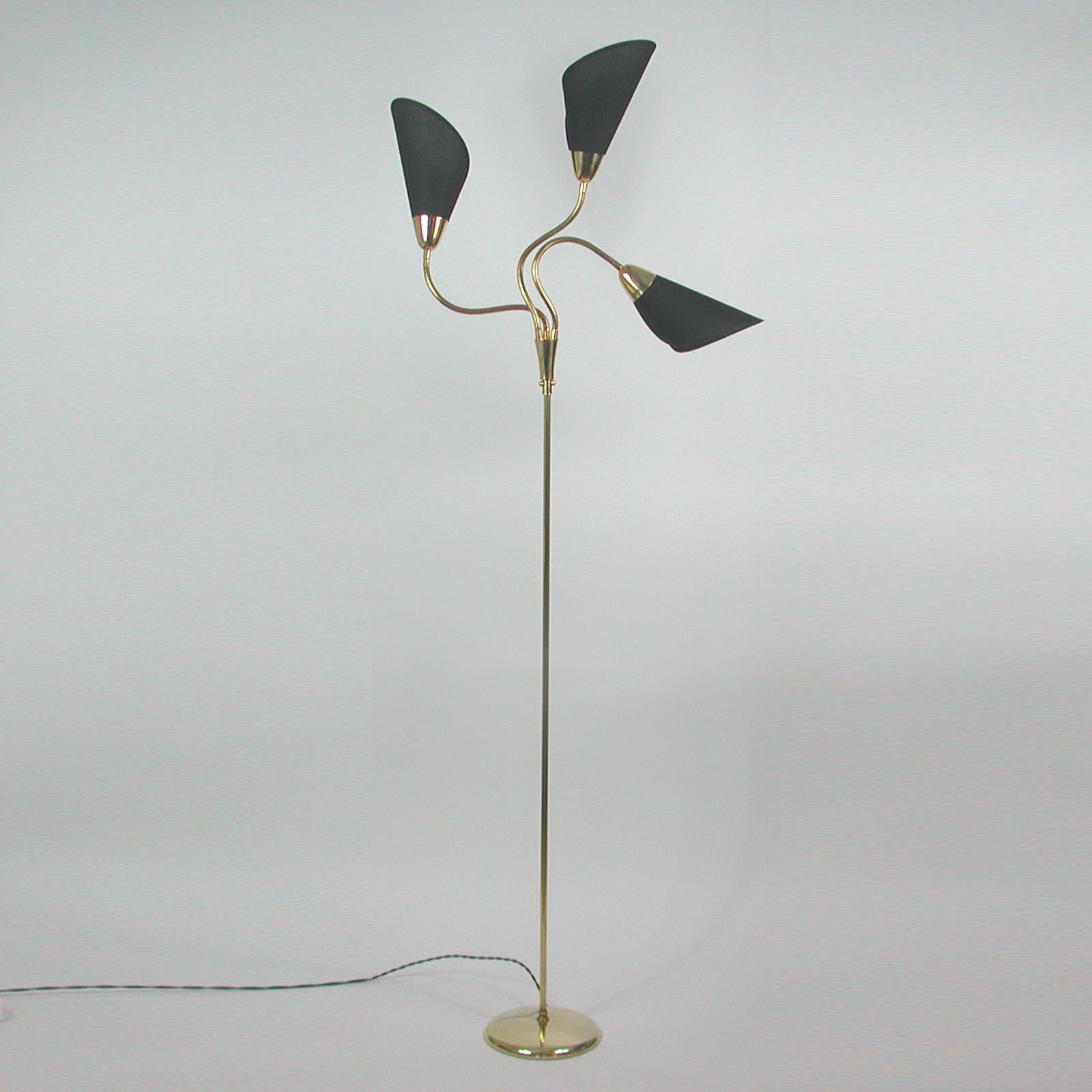 Mid-Century Modern Midcentury Triple Gooseneck Brass & Black Fabric Floor Lamp, Germany, 1950s