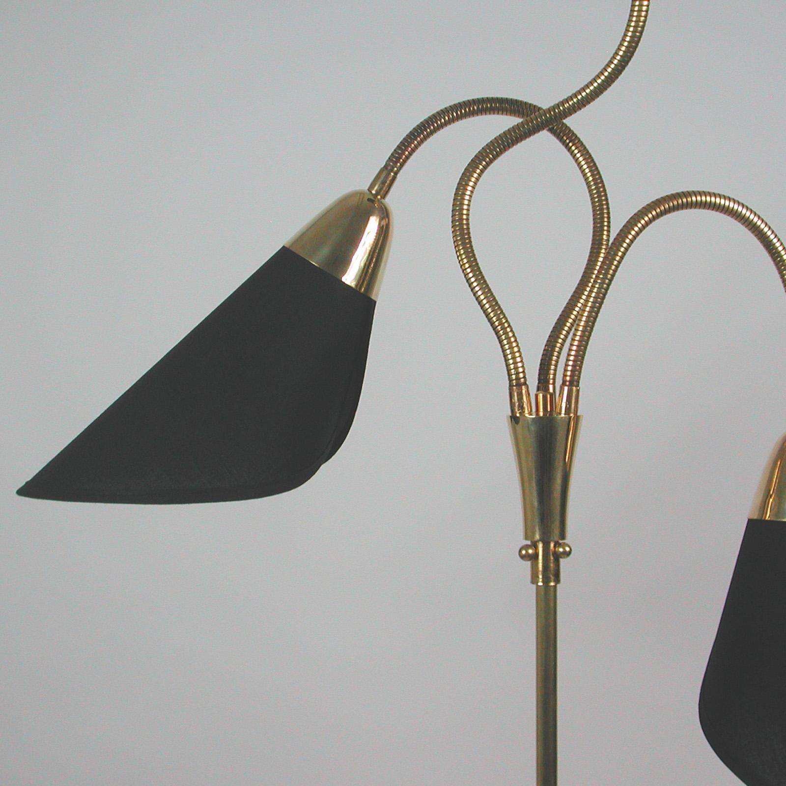 Mid-20th Century Midcentury Triple Gooseneck Brass & Black Fabric Floor Lamp, Germany, 1950s