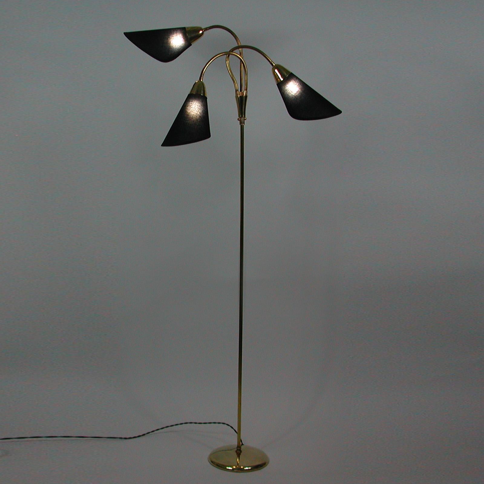Midcentury Triple Gooseneck Brass & Black Fabric Floor Lamp, Germany, 1950s 2