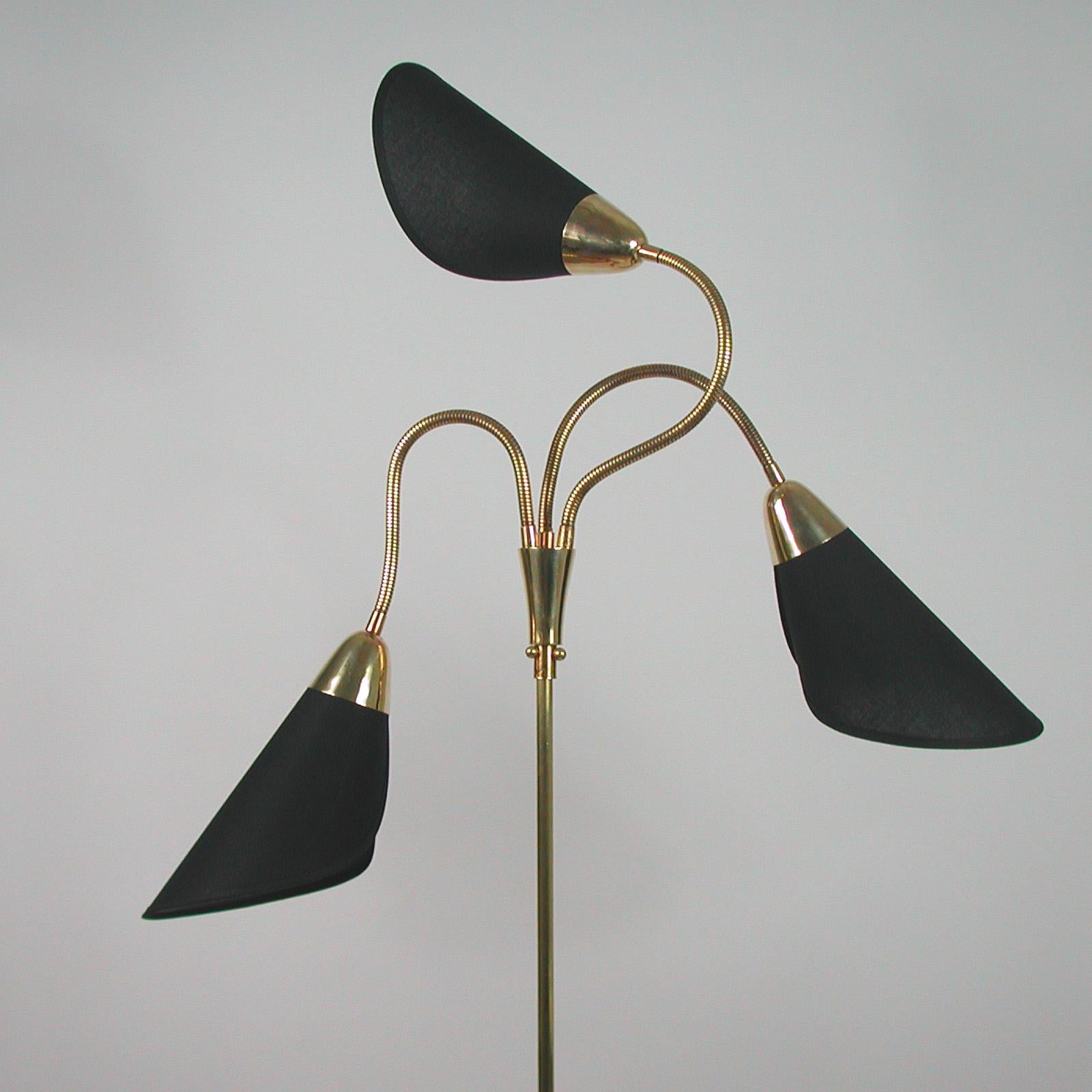 Midcentury Triple Gooseneck Brass & Black Fabric Floor Lamp, Germany, 1950s 3