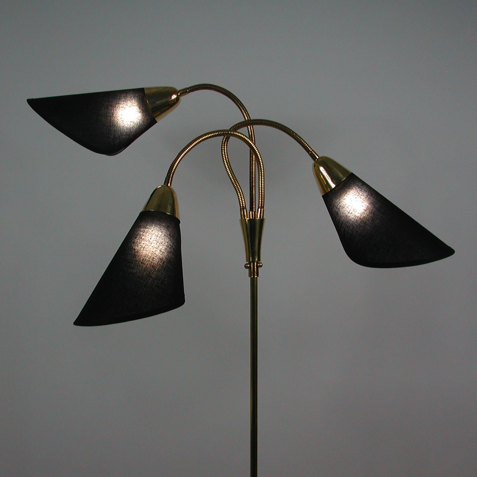 Midcentury Triple Gooseneck Brass & Black Fabric Floor Lamp, Germany, 1950s 4